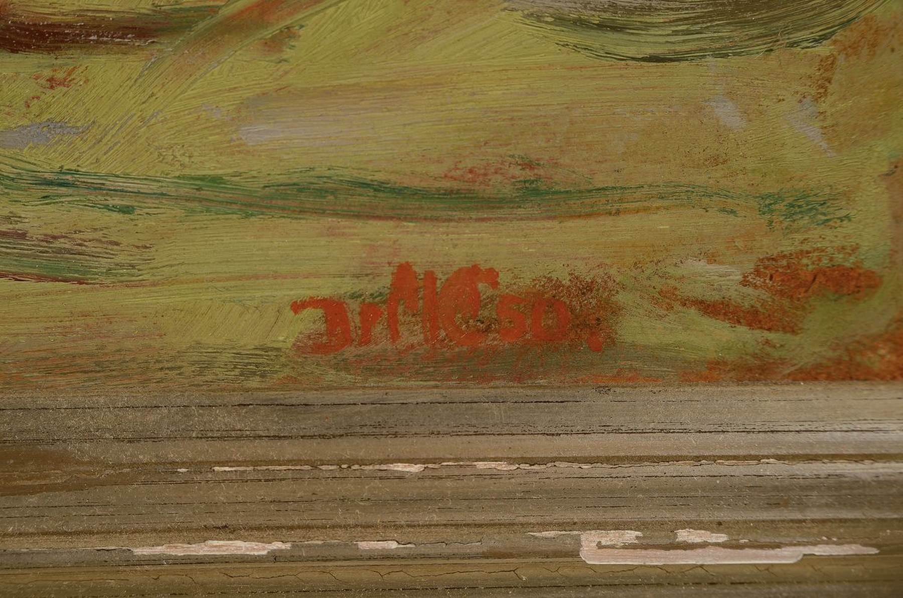 Detail a: Dr. ME 1950, unbekannter Monogrammist, wohl Saargebiet, Stillleben mit roten Heckenrosen vor ockerfarbenem Grund, Öl/Platte, monogrammiert, ca. 45 x ...