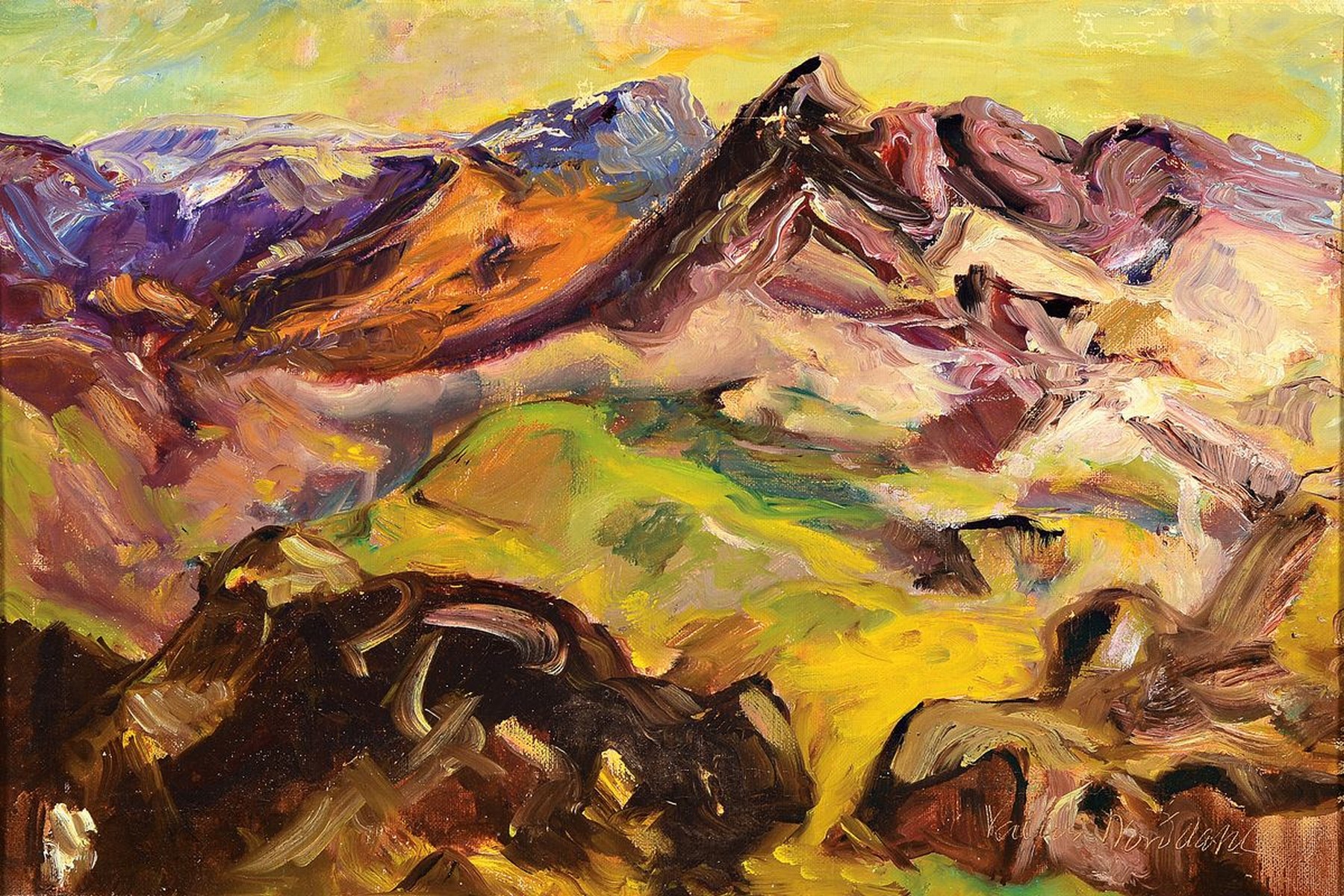 Valur Norddahl, 1911-1967, isländischer Landschaftsmaler, expressionistische Gebirgslandschaft, wohl Studie, Öl/Lwd, signiert und dat. 62, ca. 30 x ...