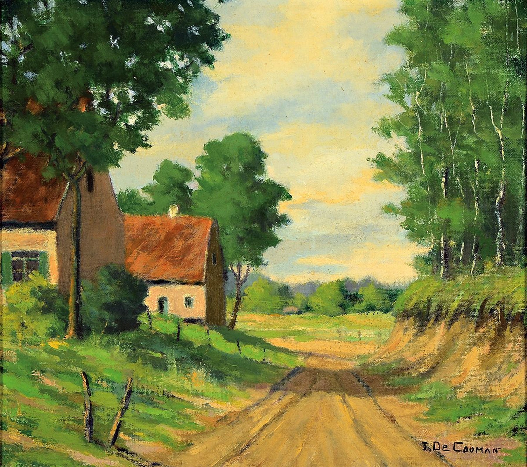 Jean de Cooman, 1893 Zandbergen/Belgien - 1949 ebenda, Studium an der Akademie Brüssel, sommerliche Dorfansicht, Öl/Platte, rechts unten signiert, ...
