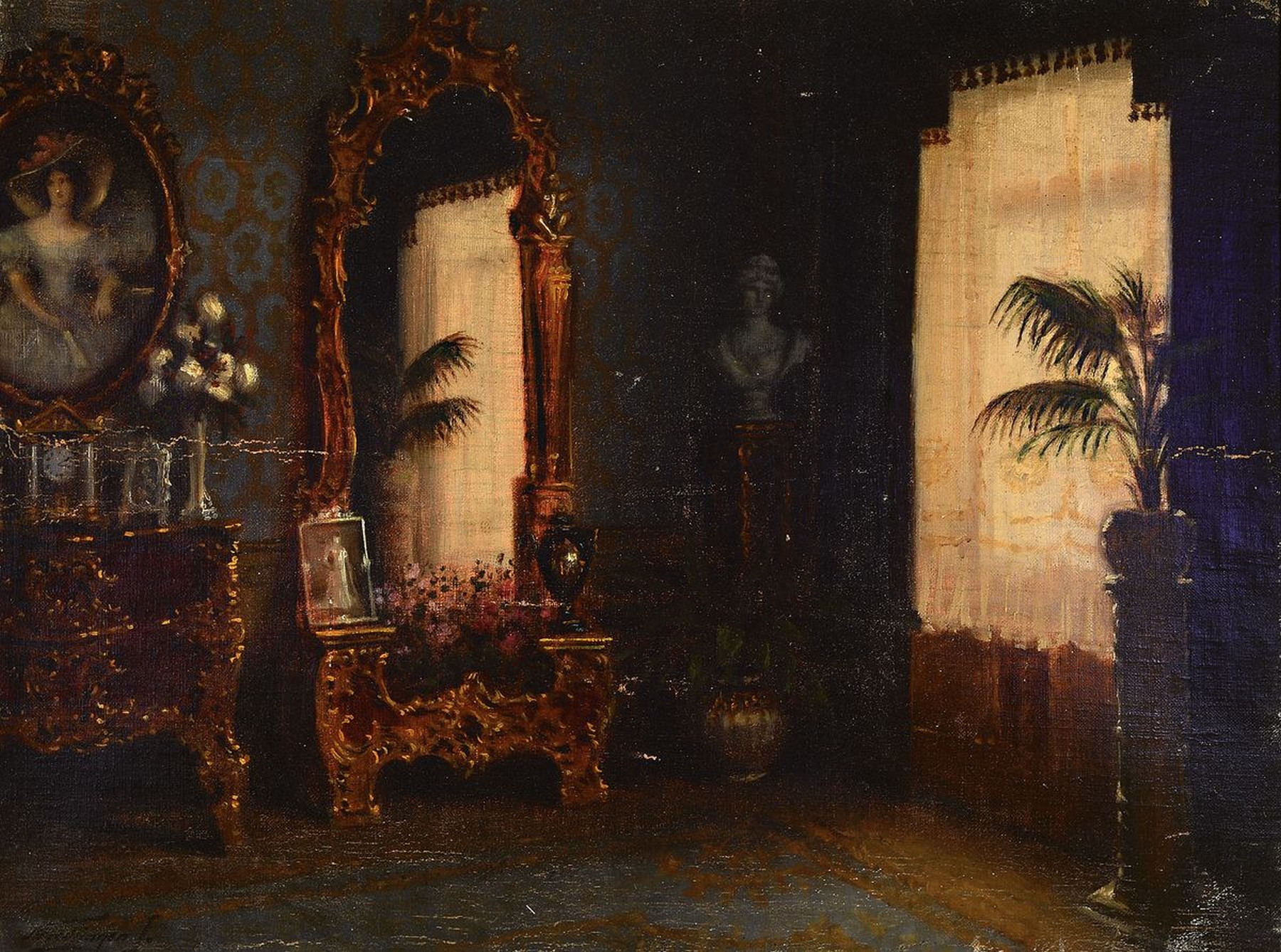 Jenö Friedlinger, geb. 1890, ungarischer Maler, Interieur mit Rokokomöbeln, Büste und Palme, Öl/Lwd, links unten signiert, ca. 60x78cm, R. ca. ...