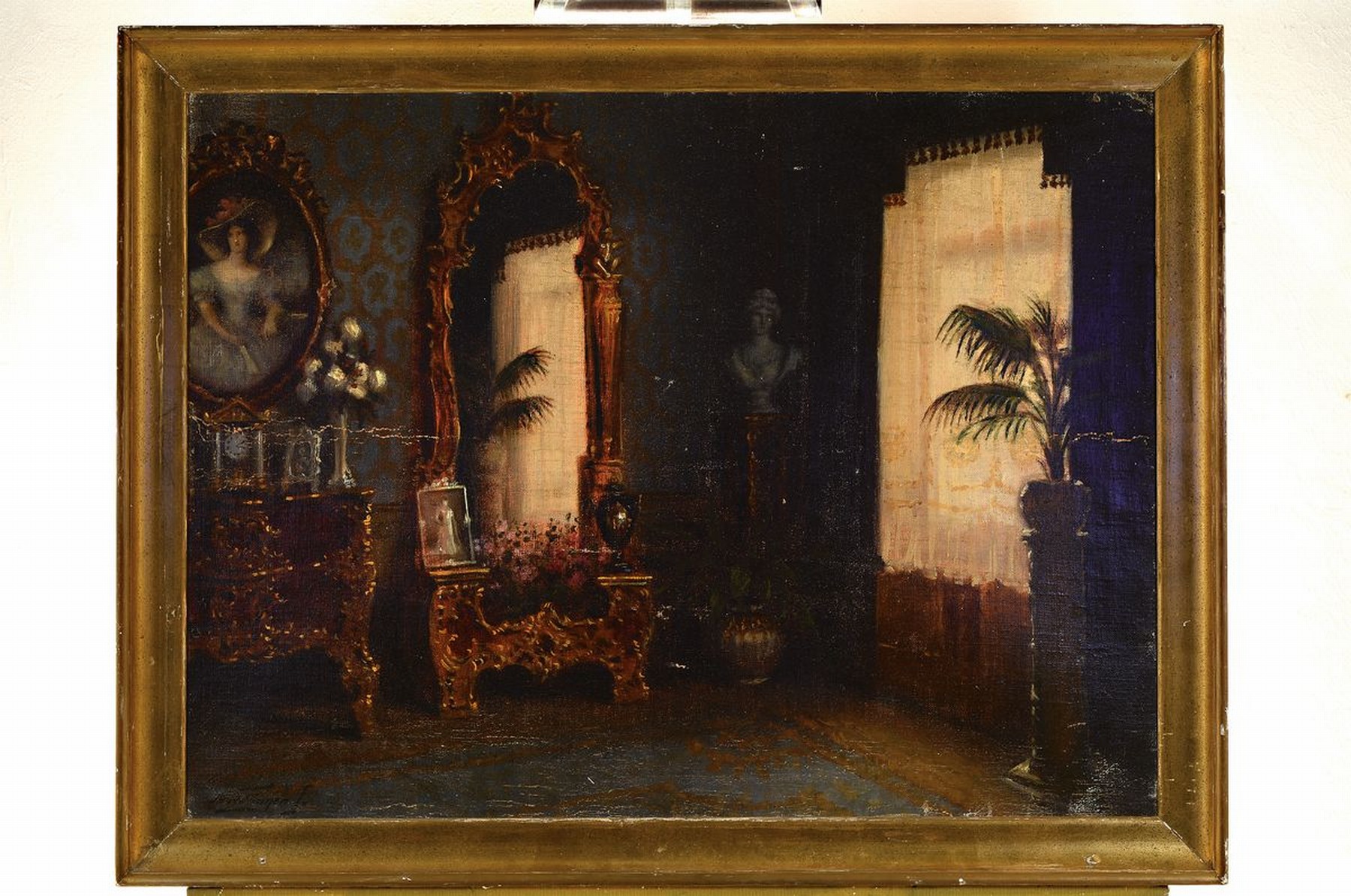 Detail k: Jenö Friedlinger, geb. 1890, ungarischer Maler, Interieur mit Rokokomöbeln, Büste und Palme, Öl/Lwd, links unten signiert, ca. 60x78cm, R. ca. ...