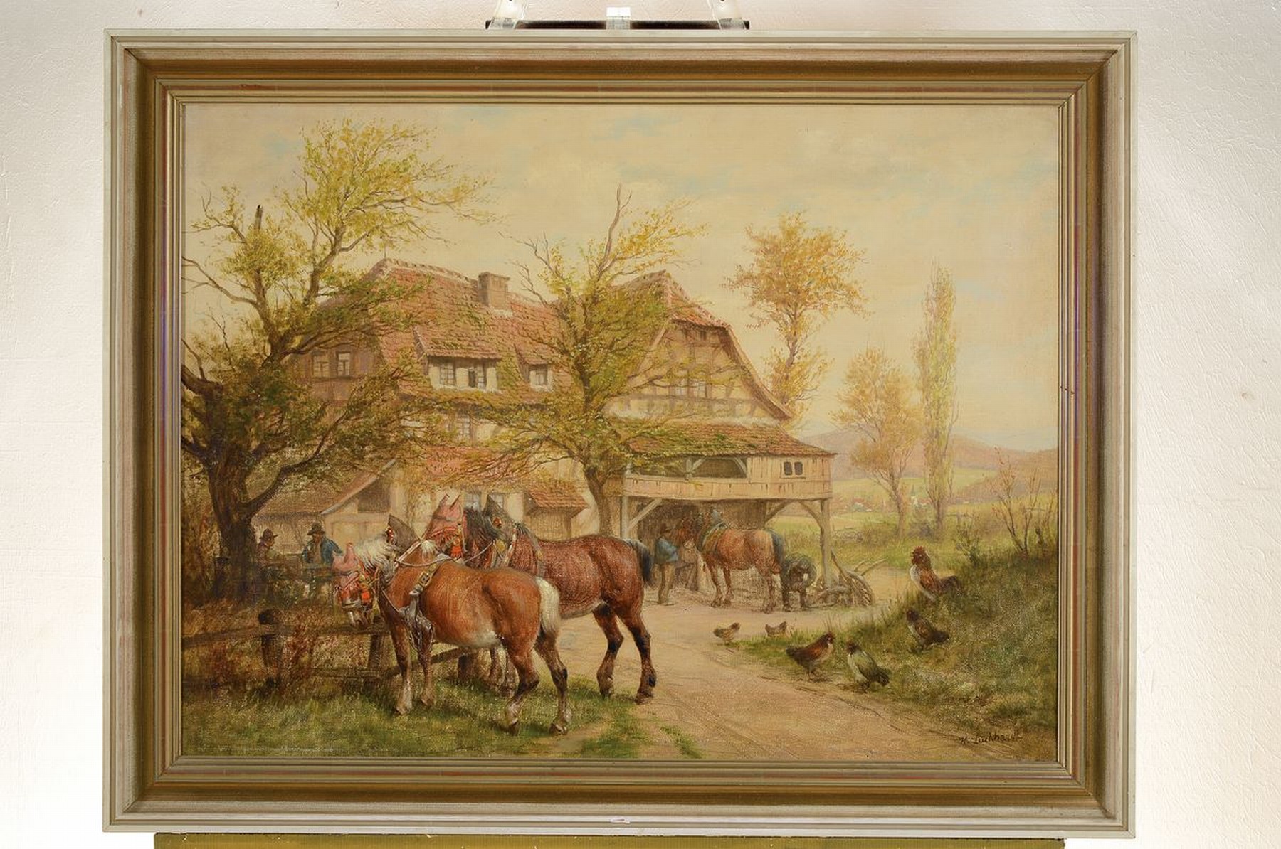 Detail k: Karl Luckhardt, 1886-1970 Frankfurt am Main,Rastende Menschen und Arbeitspferde vor dem Bauernhaus, Öl/Lwd, rechts unten signiert, ca. 58x78cm, R. ...