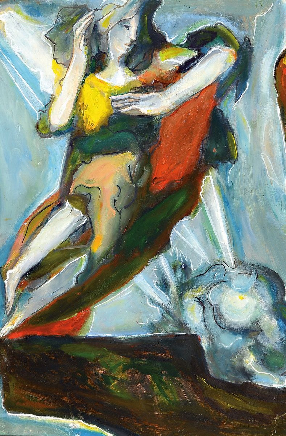 Benno Huth, 1937 Sigmaringen-2020, Studium an der Akademie Karlsruhe u.a. bei Karl Hubbuch, hier: Engelsfigur, Öl/Hartfaser, eine Ecke besch., ...