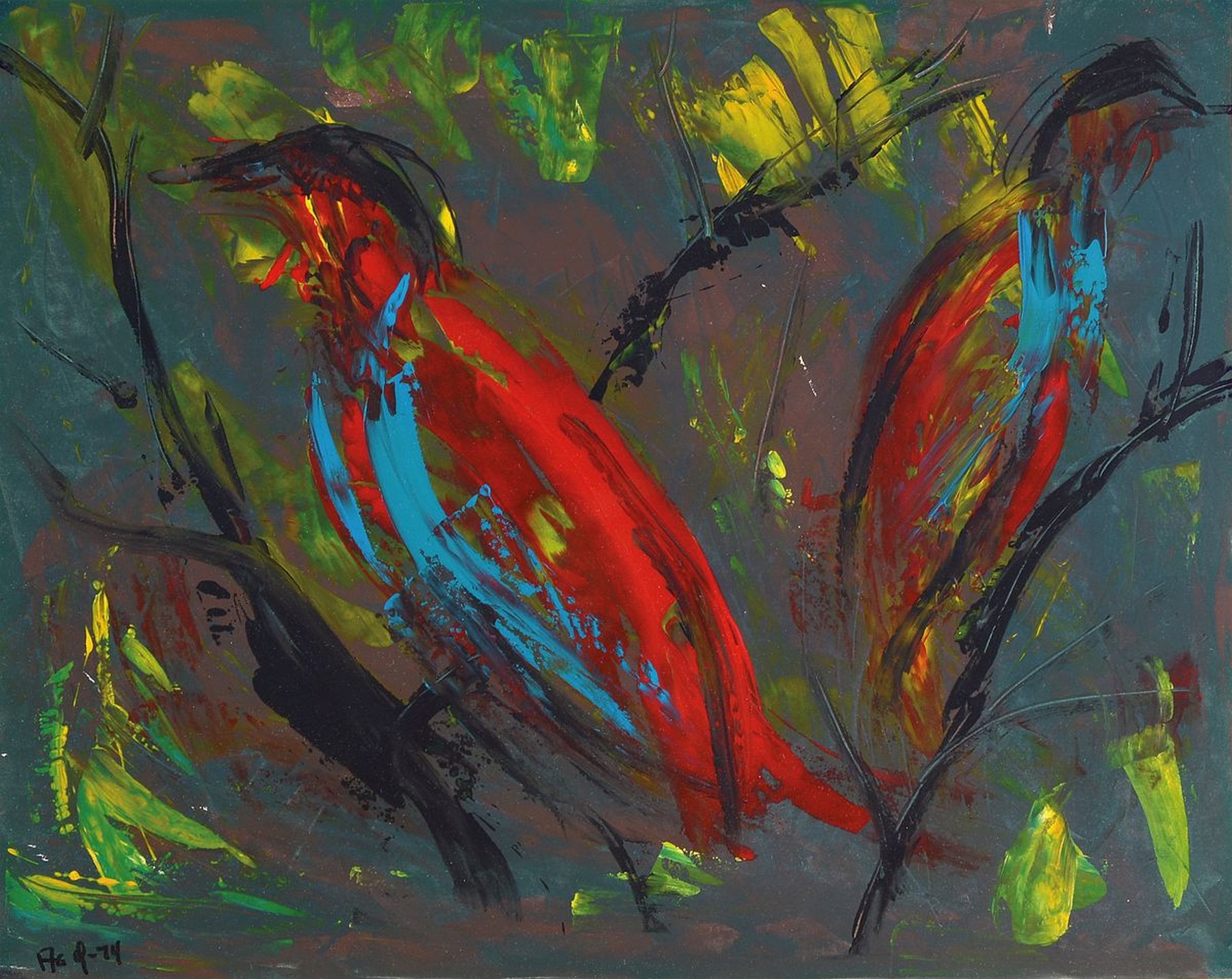 Detail d: Unbekannter zeitgenössischer Künstler, 3 Arbeiten von 1974, Darstellungen stilisierter Vögel, Gouache auf Papier, alle monogr. HAO und dat., ca. ...