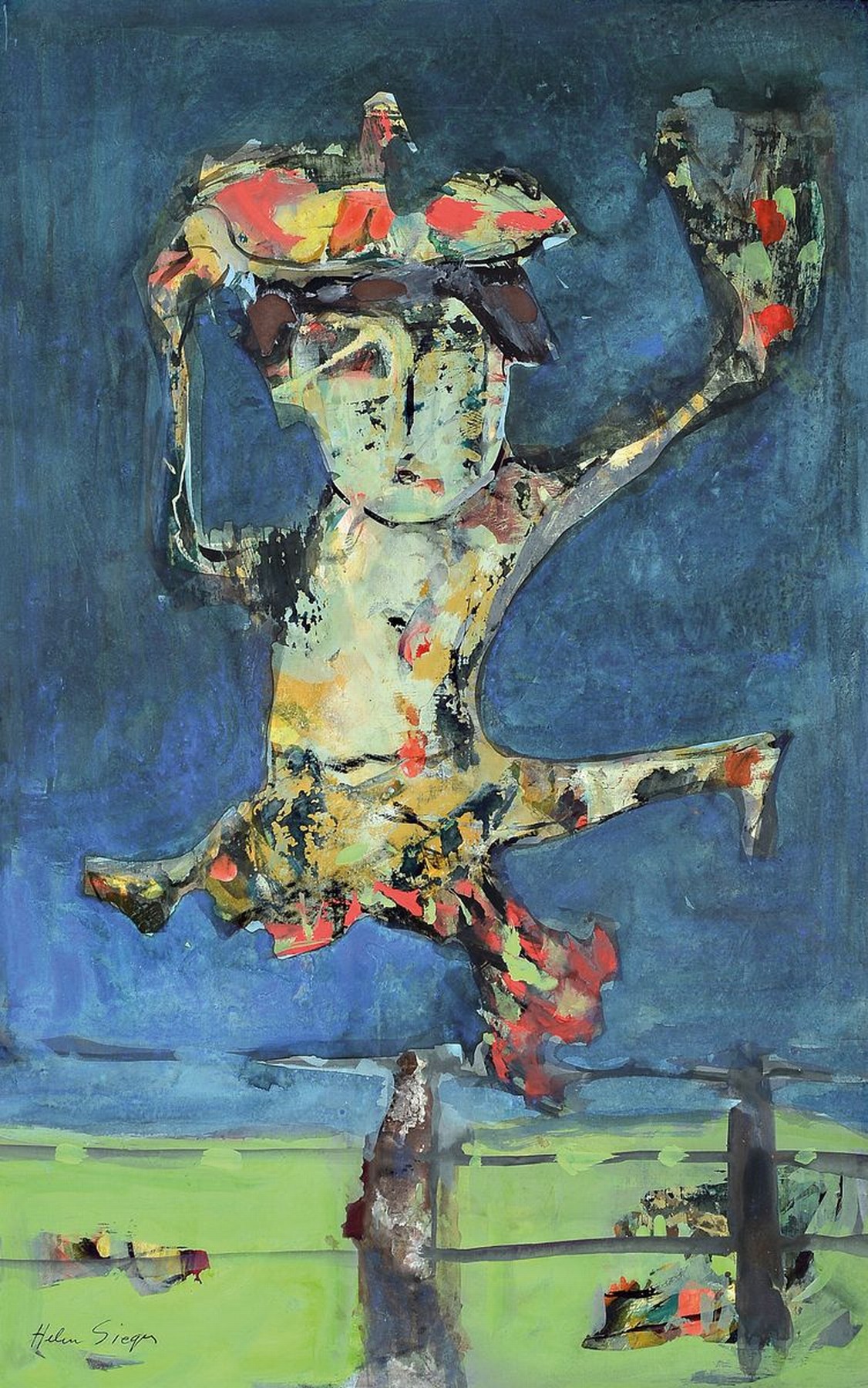 Helen Sieger, 1911-2010, Figur überm Zaun, Gouache auf Papier, links unten signiert, ca. 47x30cm, PP, u.Gl., R. ca. 68x48cm