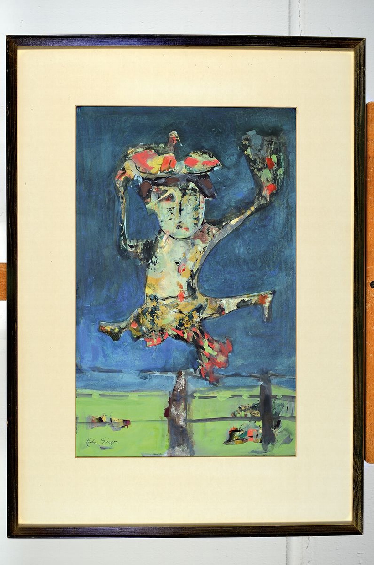 Detail k: Helen Sieger, 1911-2010, Figur überm Zaun, Gouache auf Papier, links unten signiert, ca. 47x30cm, PP, u.Gl., R. ca. 68x48cm