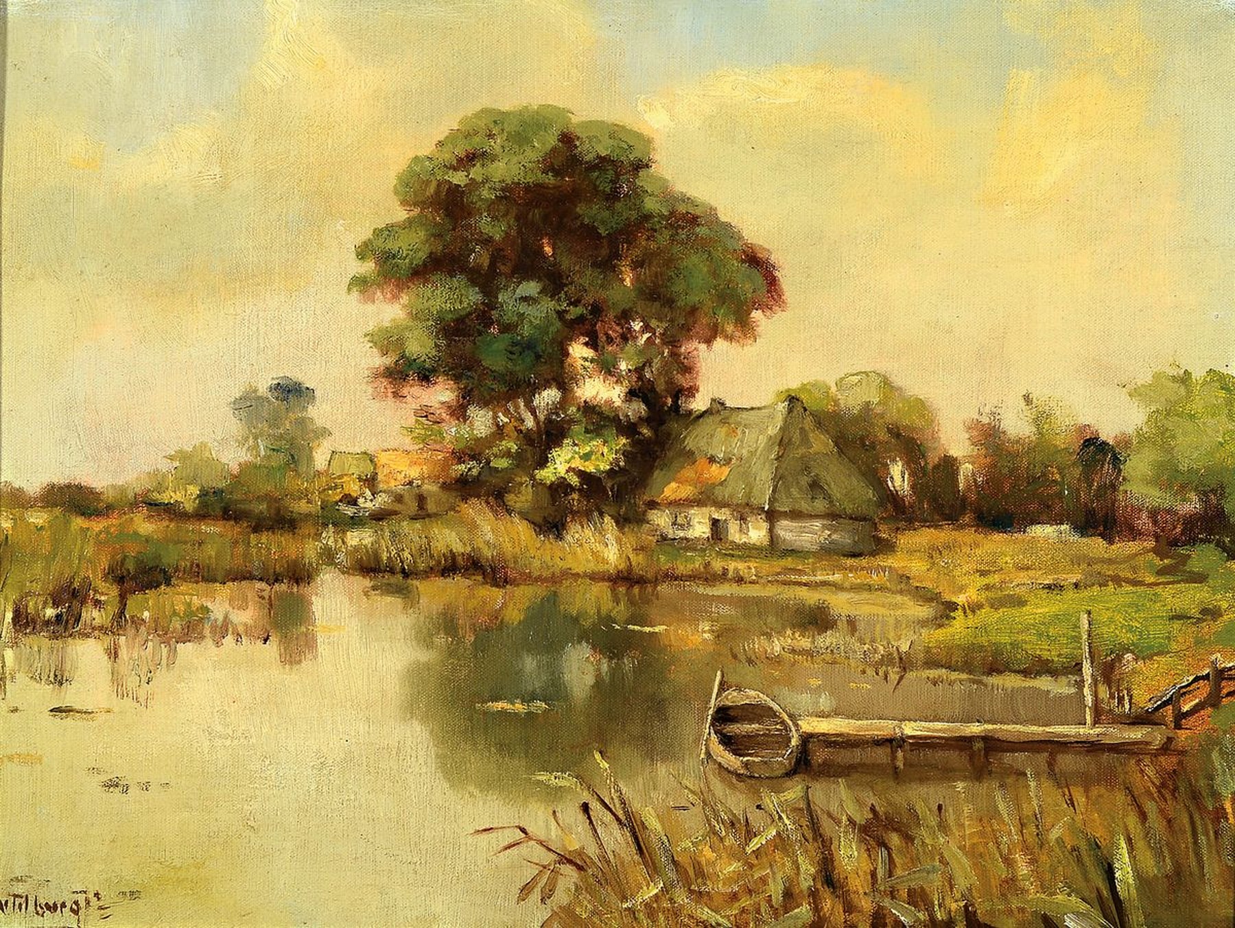 A. van Tilburg, niederländischer Maler, frühes 20. Jh., Flussauenlandschaft mit Bauernhaus und Boot, Öl/Lwd, links unten signiert, ca. 35x45cm, R. ...