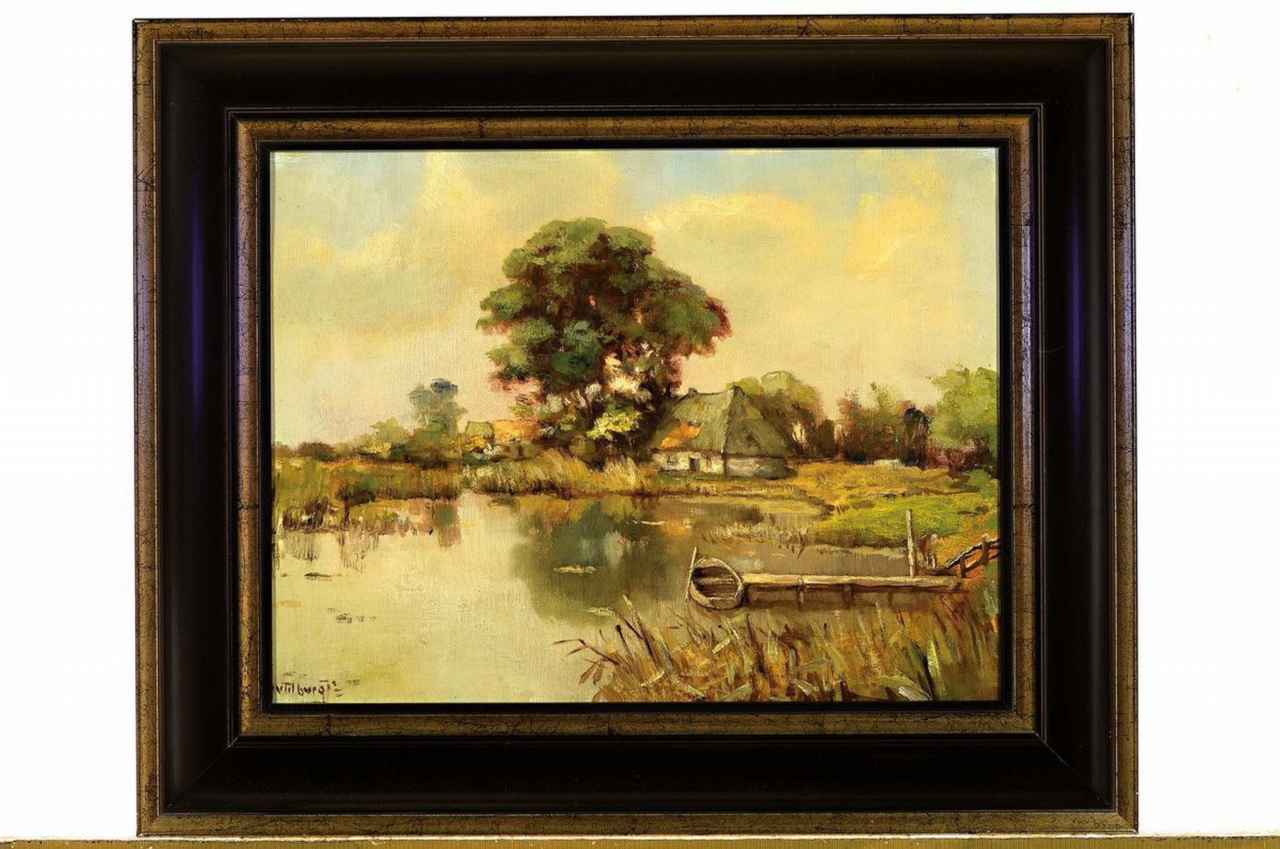 Detail k: A. van Tilburg, niederländischer Maler, frühes 20. Jh., Flussauenlandschaft mit Bauernhaus und Boot, Öl/Lwd, links unten signiert, ca. 35x45cm, R. ...