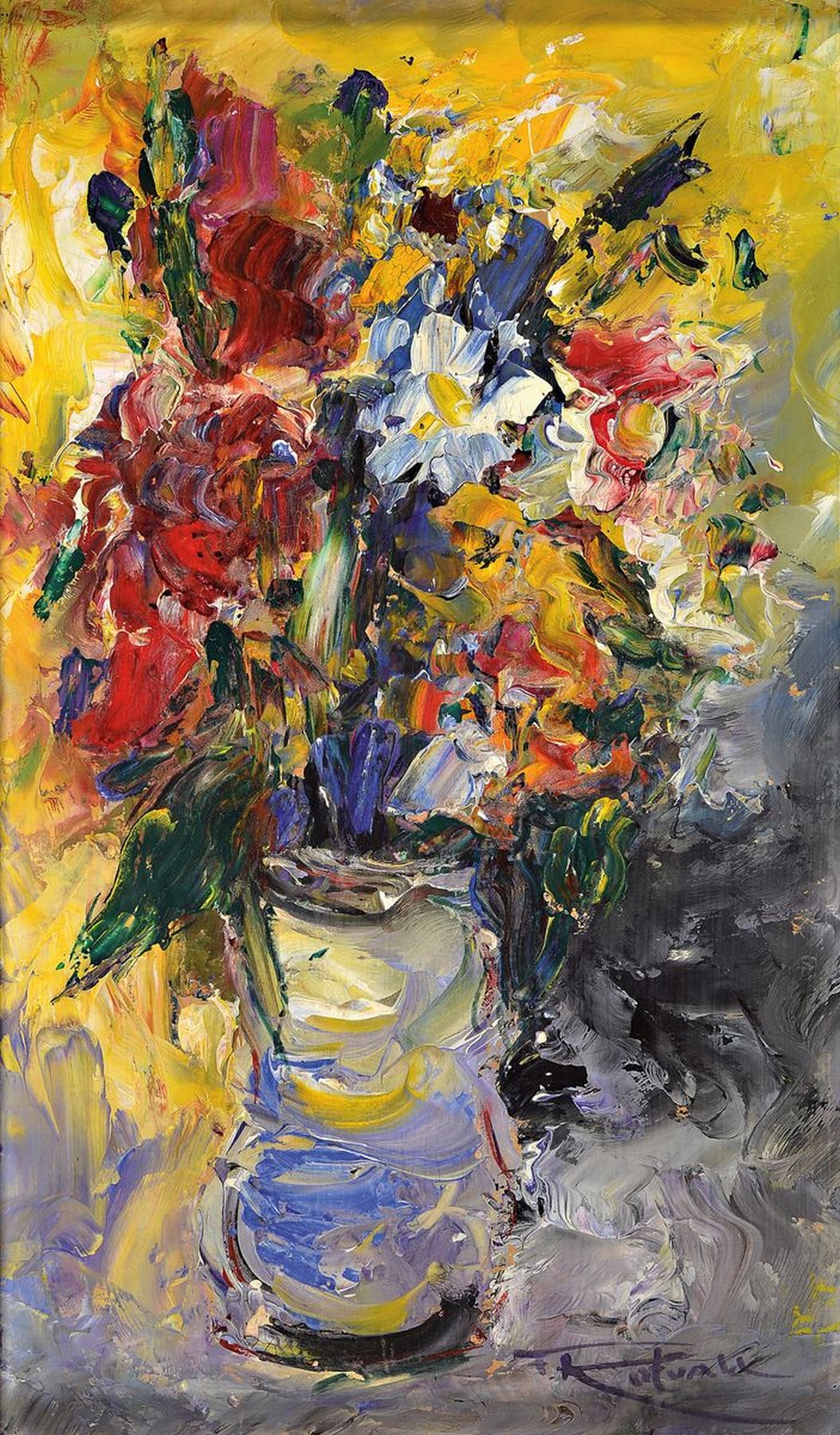Ferdinand Kotvald, 1898 Wischau-1980 Prag, Blumenstillleben, Öl/Malkarton, rechts unten signiert, ca. 32x19cm, R. ca. 35x22cm