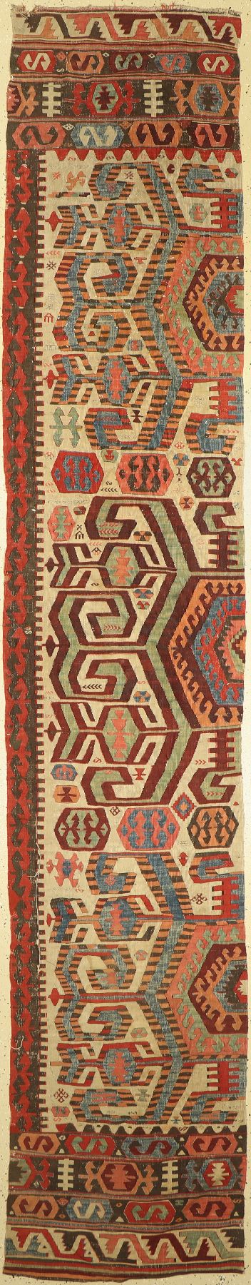 Anatolischer Antiker Kelim, Türkei, um 1900, Wolle auf Wolle, ca. 408 x 75 cm, EHZ: 3-4
