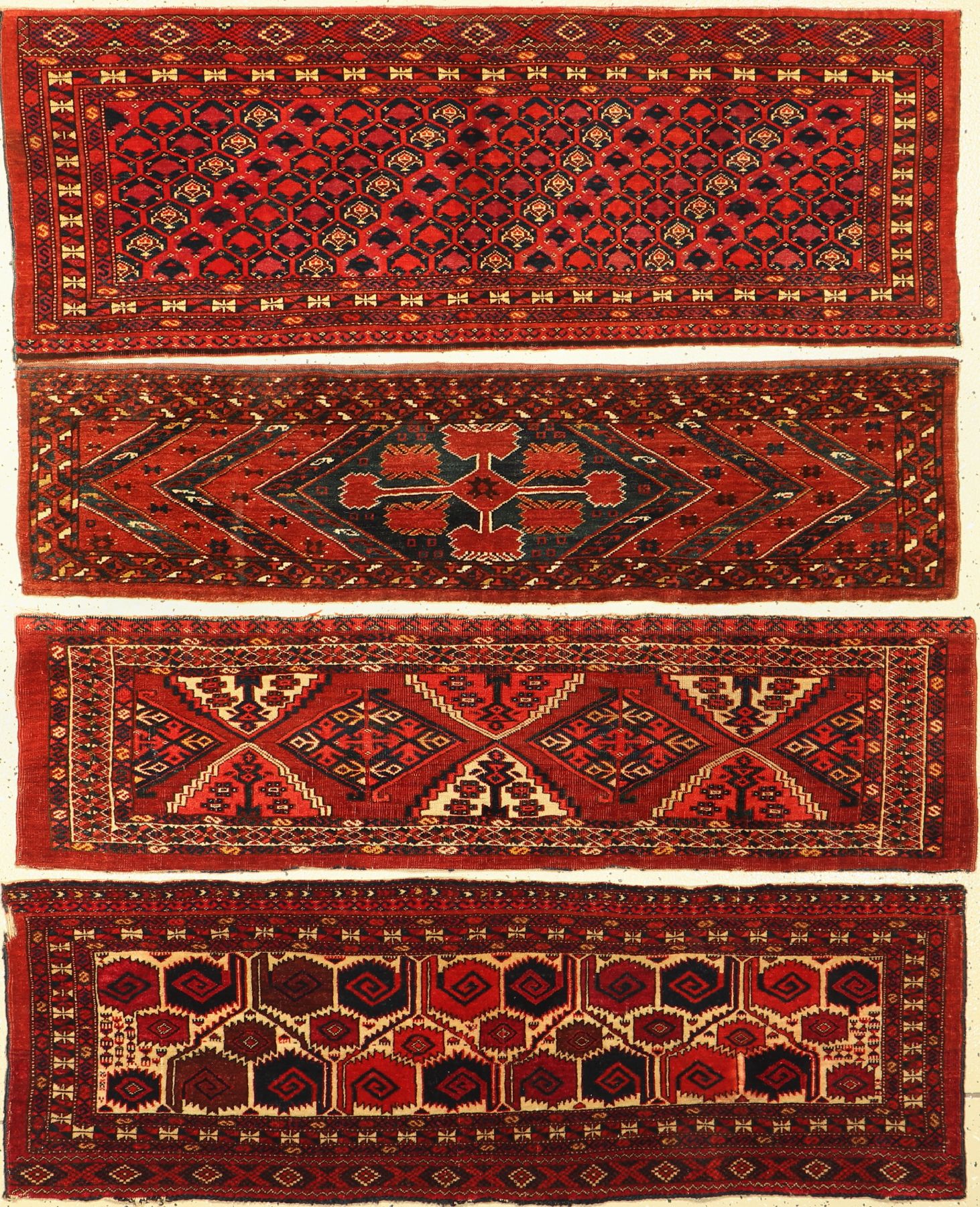 4 Antike Torba, Turkmenistan, 19. Jhd, Wolle auf Wolle, ca. 137 x 46 cm, EHZ: 3-4