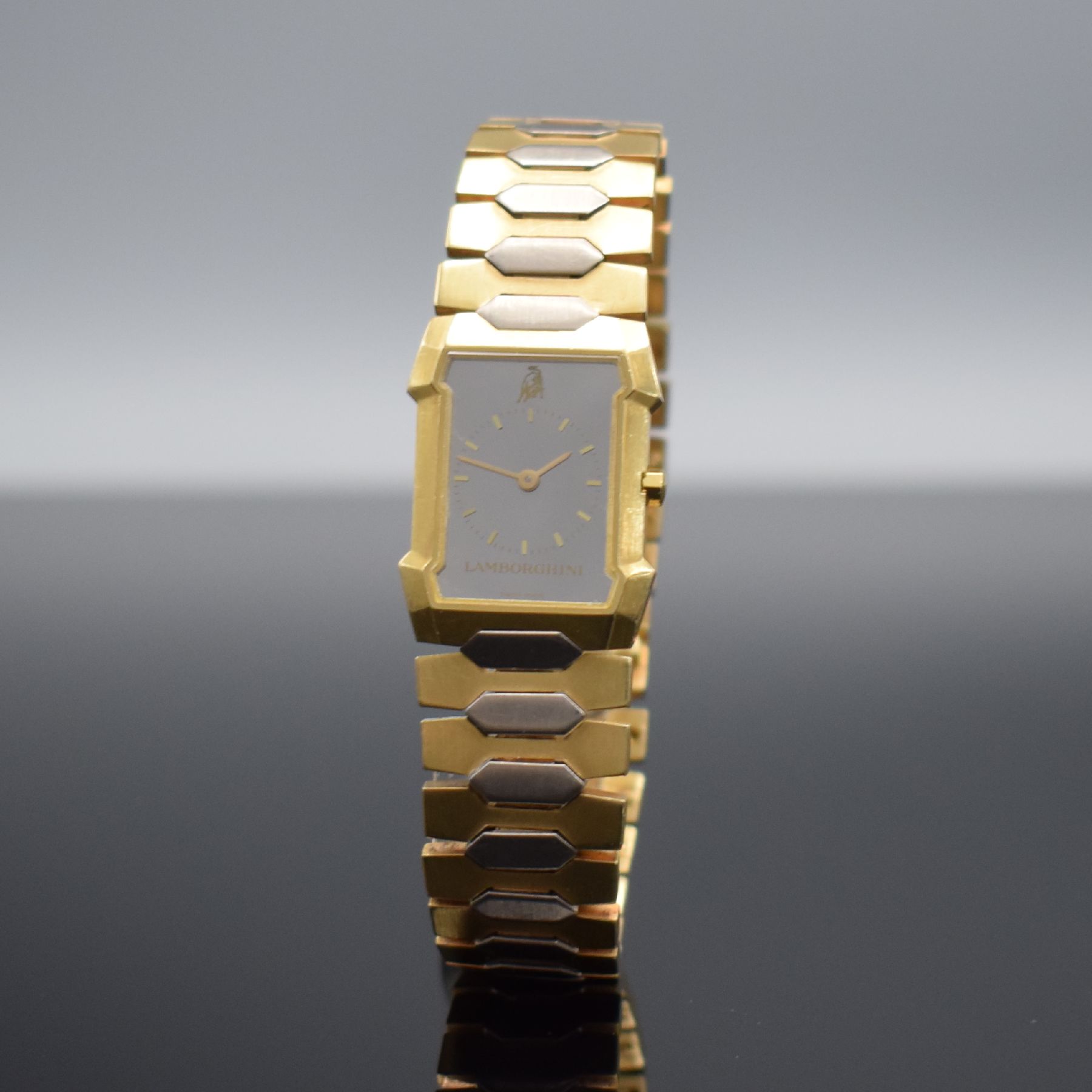 Detail b: LAMBORGHINI Damenarmbanduhr in GG 750/000, Schweiz um 1980, quarz, Boden 8-fach verschr., orig. Gliederband in GG & WG 750/000, Spiegel-Zifferbl. m. ...