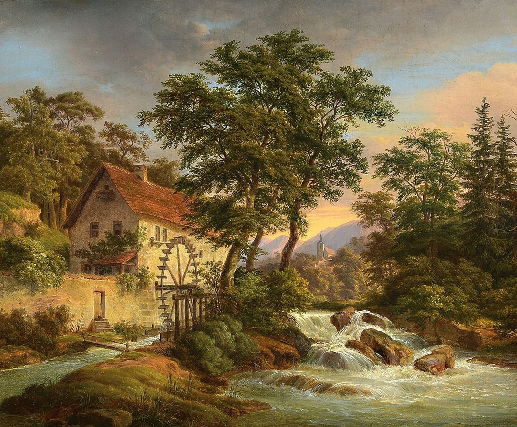 Unbekannter Spätromantiker, deutsch, um 1845, Mühle am Fluss, im Hintergrund Dorflandschaft mit Kirchturm, Öl/Lwd, feine lasierende Malerei mit ...