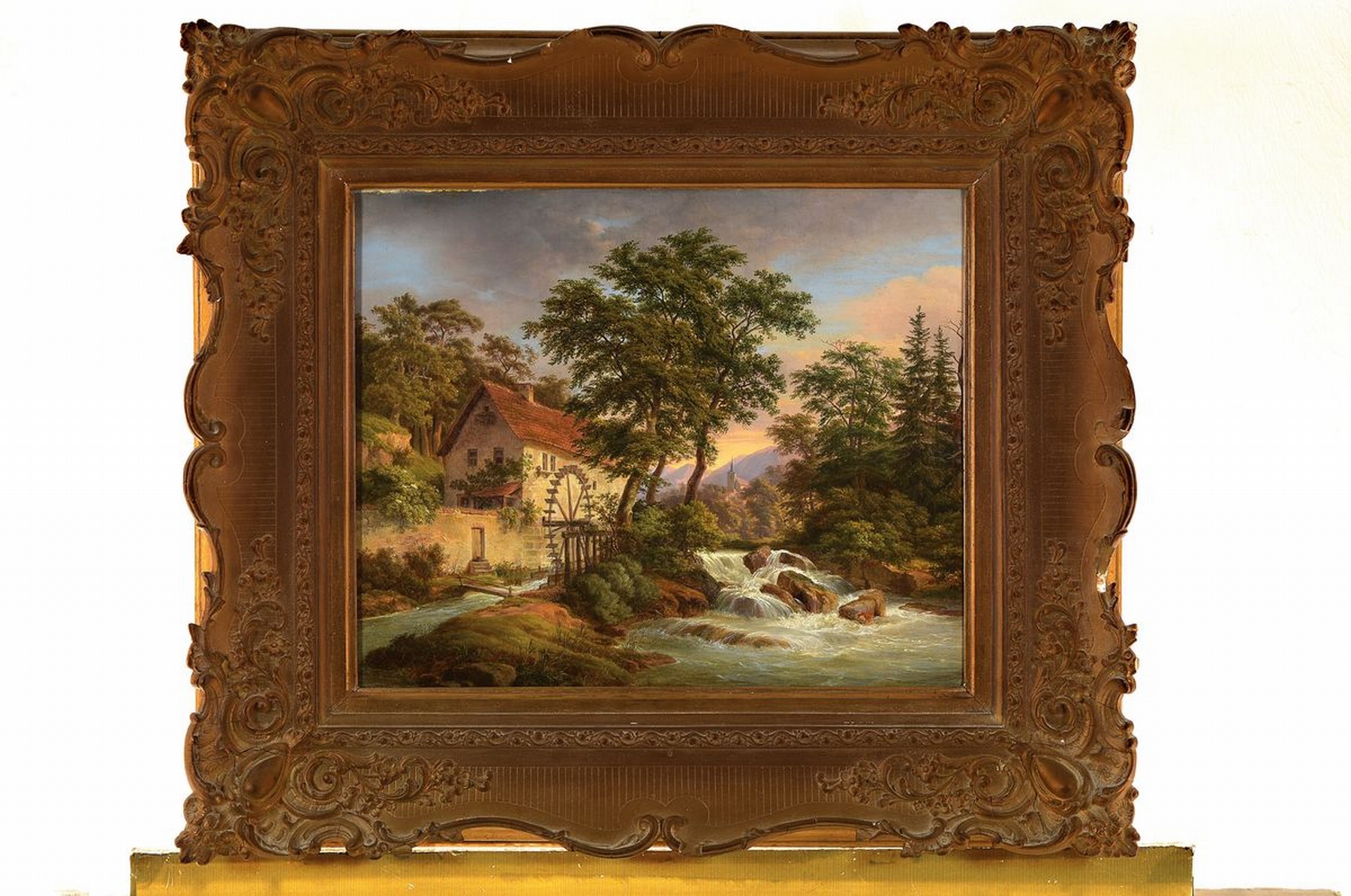 Detail k: Unbekannter Spätromantiker, deutsch, um 1845, Mühle am Fluss, im Hintergrund Dorflandschaft mit Kirchturm, Öl/Lwd, feine lasierende Malerei mit ...