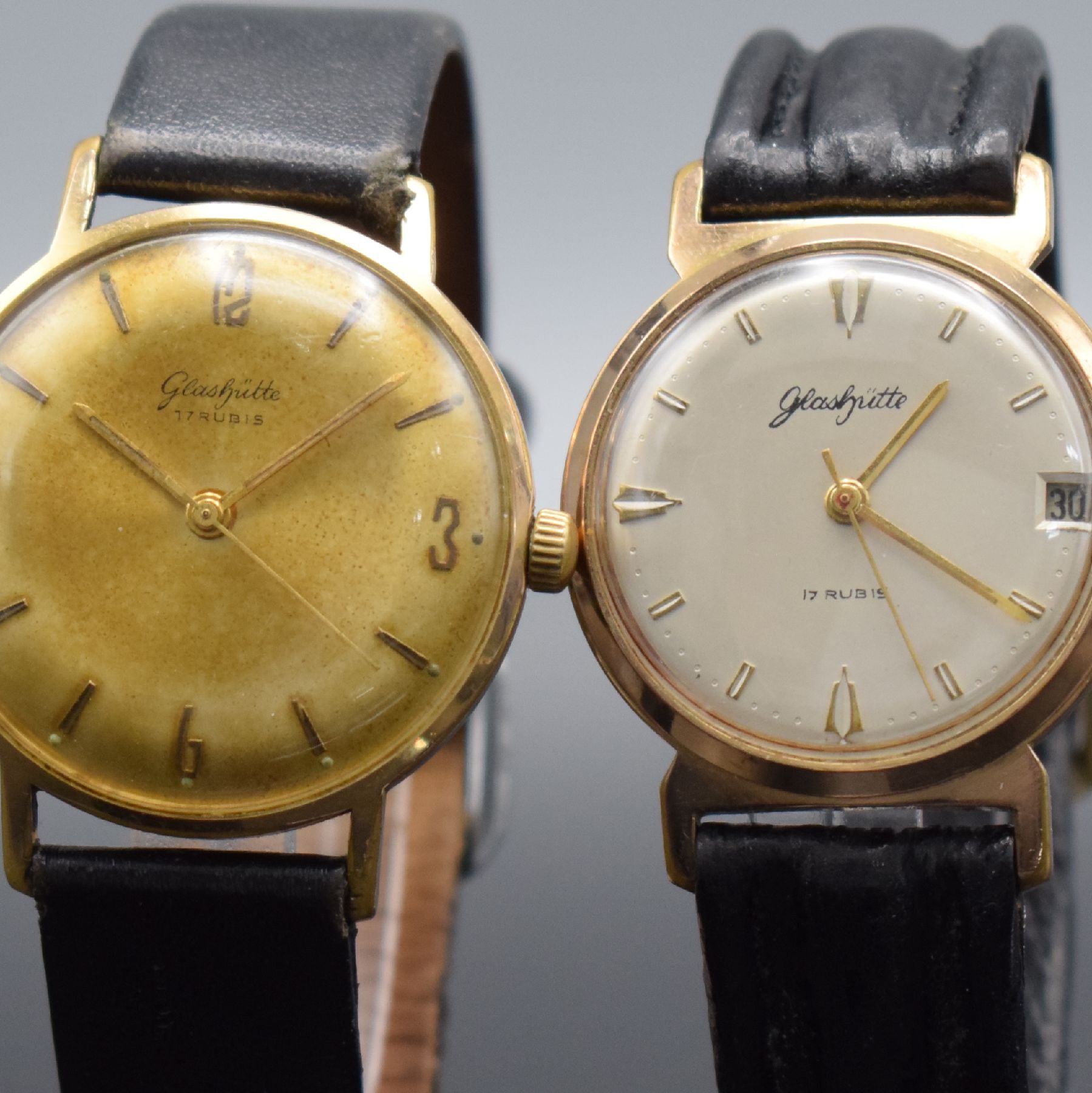 Detail c: GLASHÜTTE 2 vergoldete Armbanduhren, Deutschland um 1960-1970, Handaufzug, Böden gedr., 1.) silb. Zifferbl. m. gold. Ind. & Zeigern rest., Datum b. ...