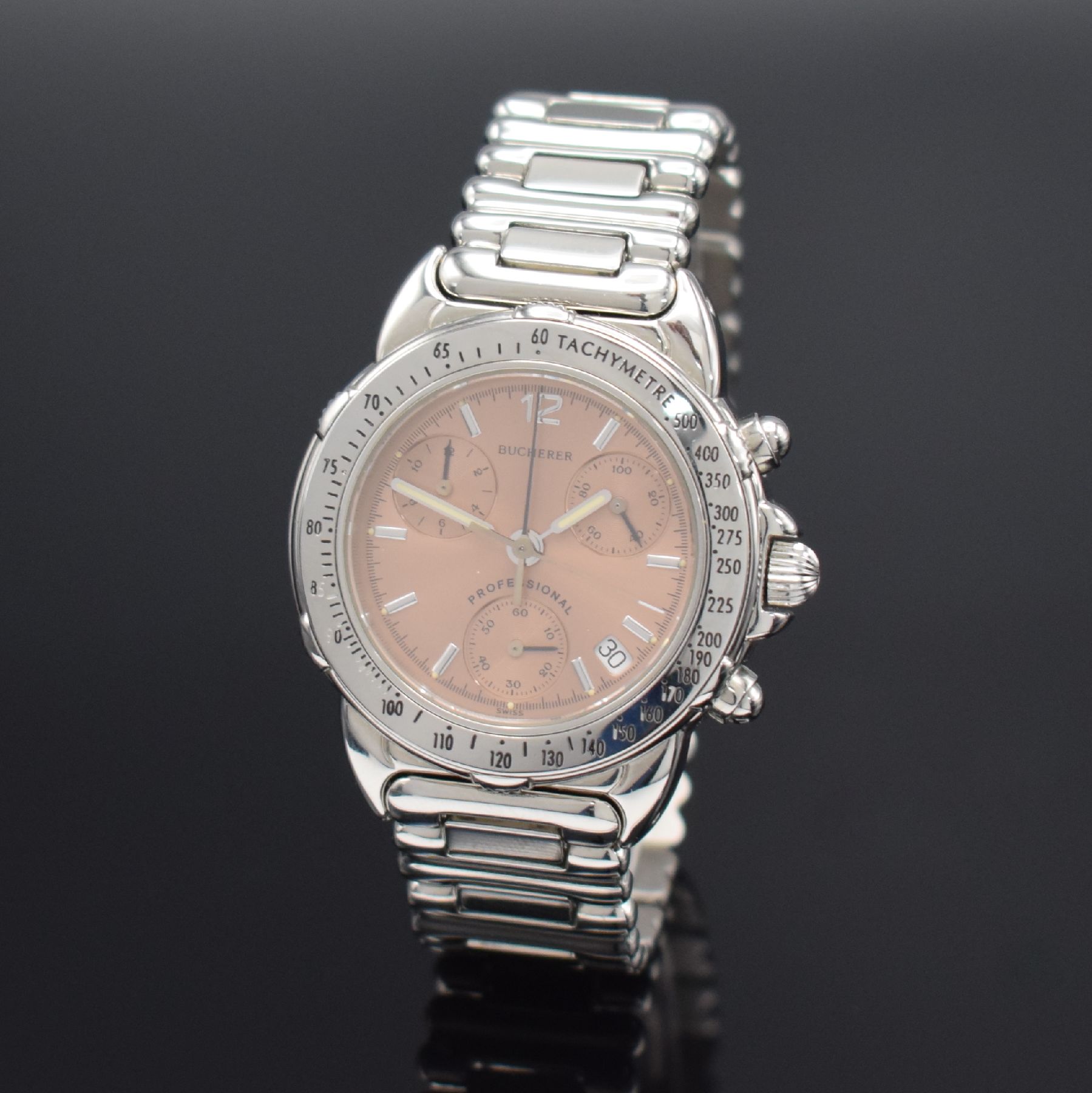 BUCHERER Armbandchronograph Referenz 251.502, Schweiz um 2010, quarz, Edelstahlgeh. inkl.orig. Gliederband m. dopp. Faltschl., Boden aufgedr., ...