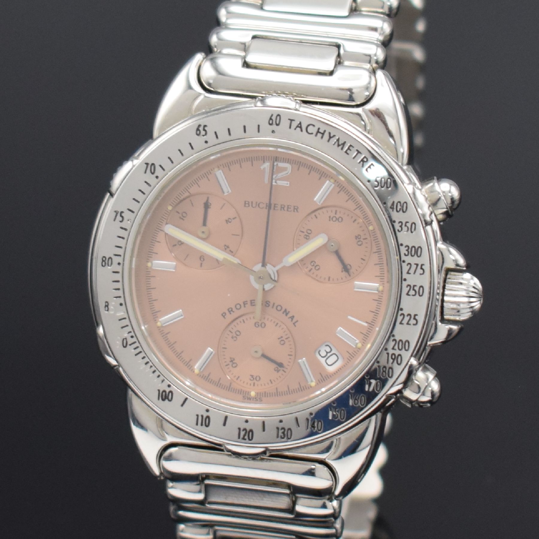 Detail a: BUCHERER Armbandchronograph Referenz 251.502, Schweiz um 2010, quarz, Edelstahlgeh. inkl.orig. Gliederband m. dopp. Faltschl., Boden aufgedr., ...