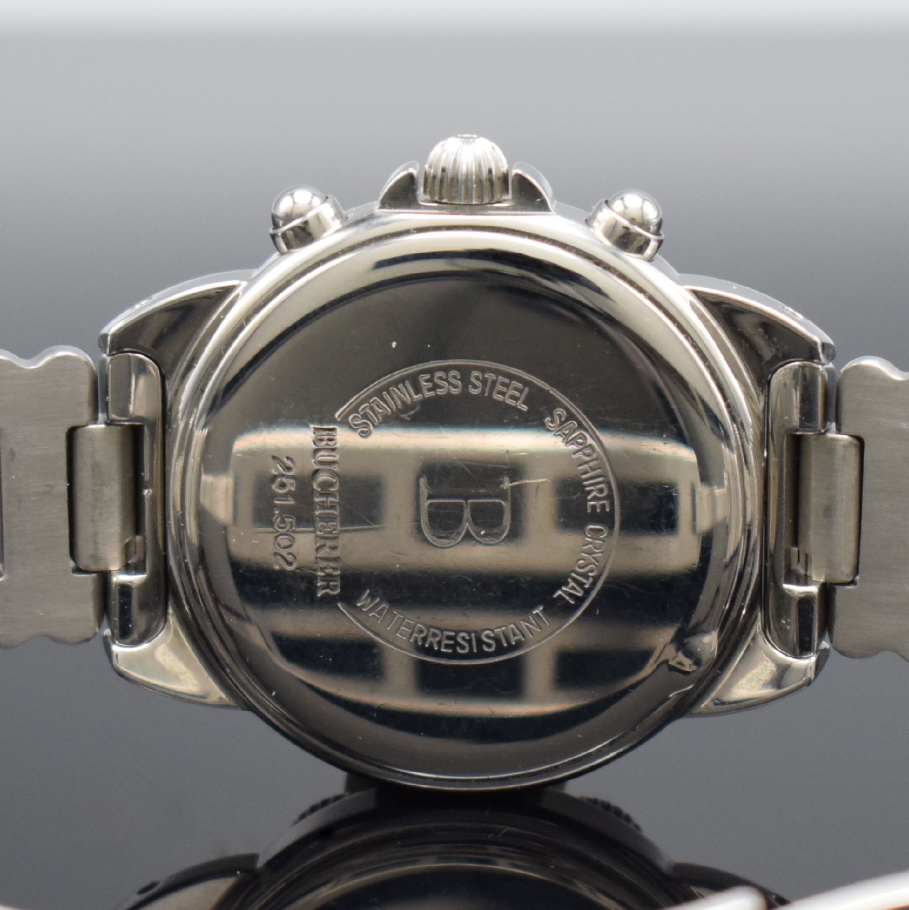 Detail c: BUCHERER Armbandchronograph Referenz 251.502, Schweiz um 2010, quarz, Edelstahlgeh. inkl.orig. Gliederband m. dopp. Faltschl., Boden aufgedr., ...