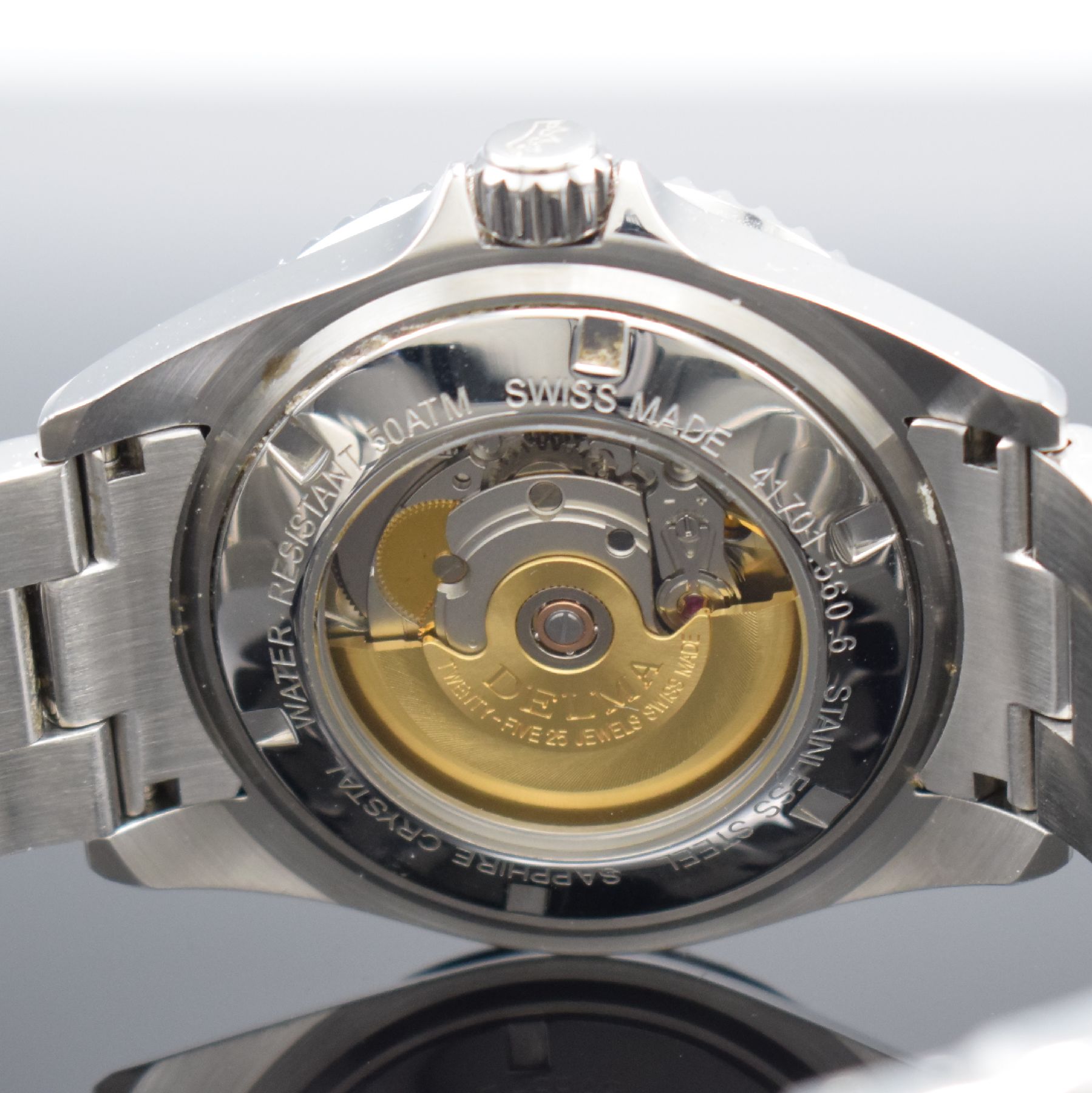 Detail e: DELMA Herrenarmbanduhr Santiago Ceramic, Automatik, Schweiz um 2018, Edelstahlgeh. inkl. Gliederband, beids. vergl., Boden & Krone verschr., ab ...