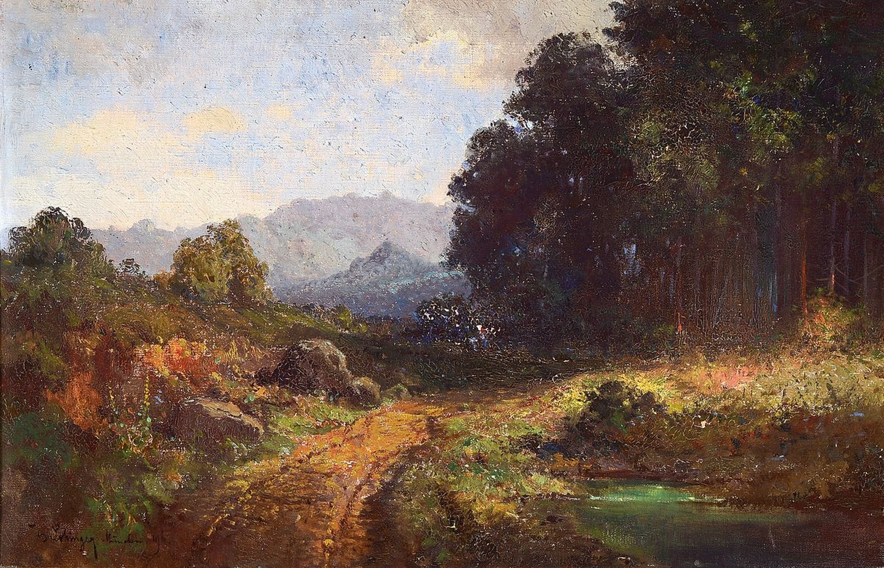 Josef Lohinger, 1836-1918, Waldweg in Vorgebirgslandschaft, links unten signiert u. datiert München 1916, lasierende Malerei unter Verwendung der ...