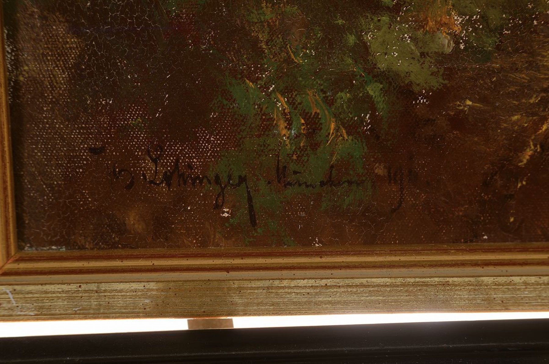 Detail a: Josef Lohinger, 1836-1918, Waldweg in Vorgebirgslandschaft, links unten signiert u. datiert München 1916, lasierende Malerei unter Verwendung der ...