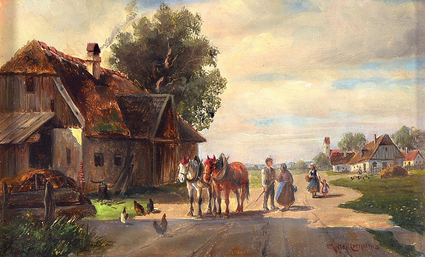 Ludwig Müller-Cornelius, 1864-1943 München, Bauer mit zwei Ackerpferden vor dem Stall, im Gespräch mit einer Frau, Öl/Holz, rechts unten ...
