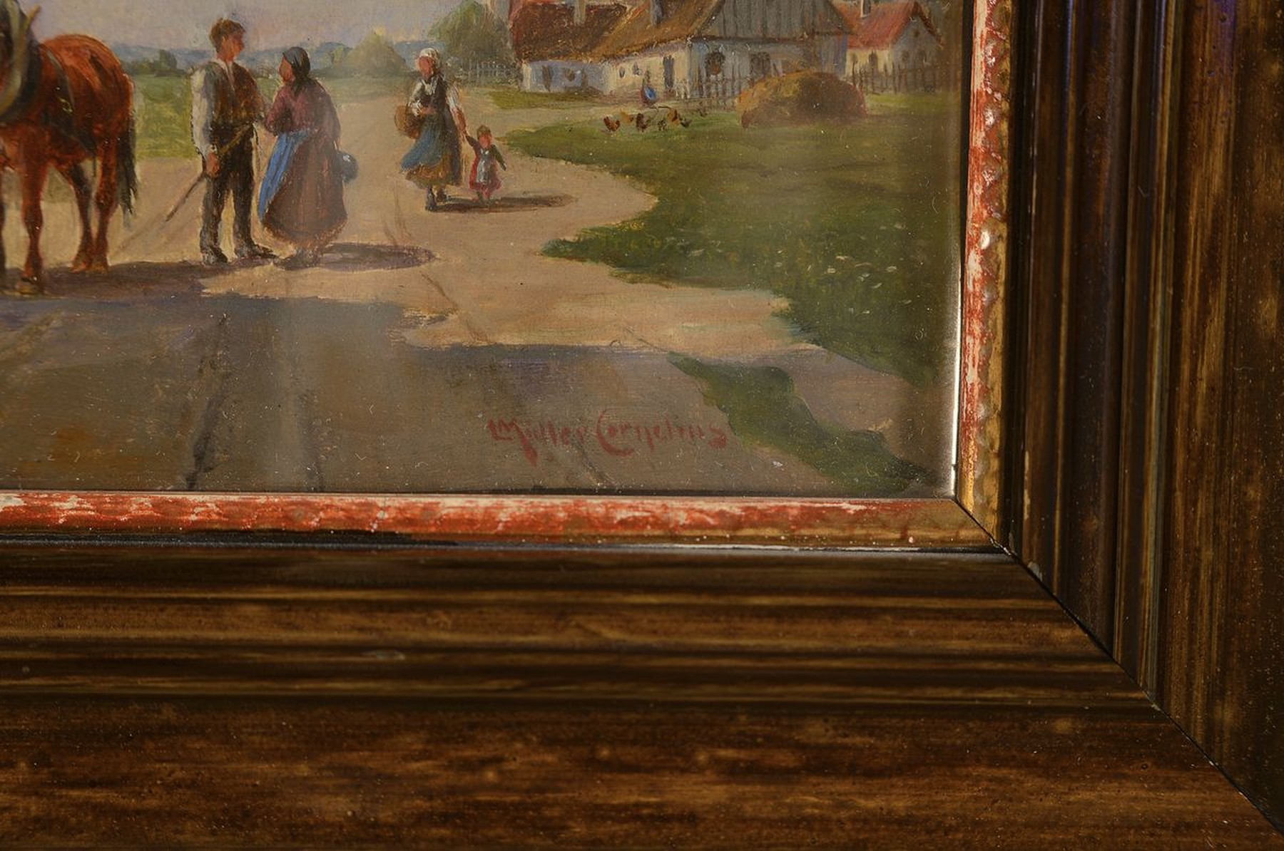 Detail a: Ludwig Müller-Cornelius, 1864-1943 München, Bauer mit zwei Ackerpferden vor dem Stall, im Gespräch mit einer Frau, Öl/Holz, rechts unten ...