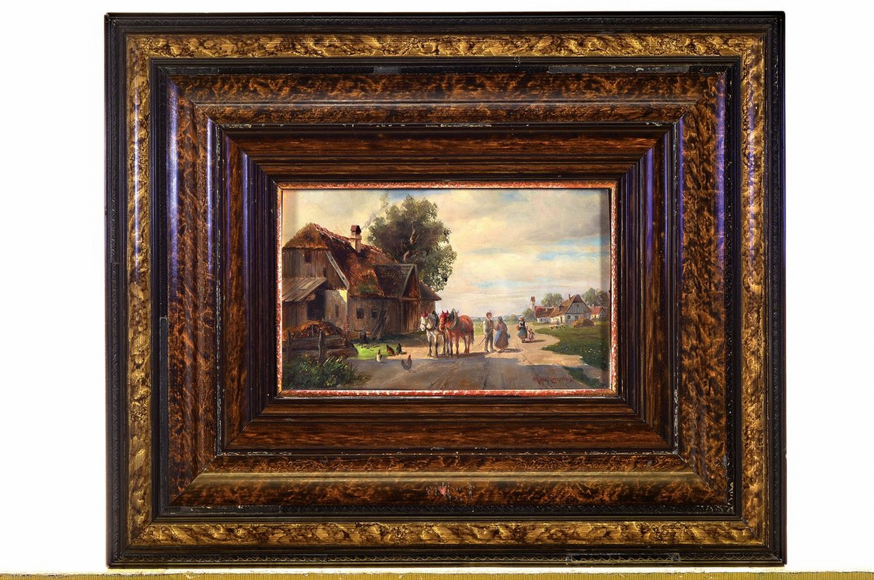 Detail k: Ludwig Müller-Cornelius, 1864-1943 München, Bauer mit zwei Ackerpferden vor dem Stall, im Gespräch mit einer Frau, Öl/Holz, rechts unten ...