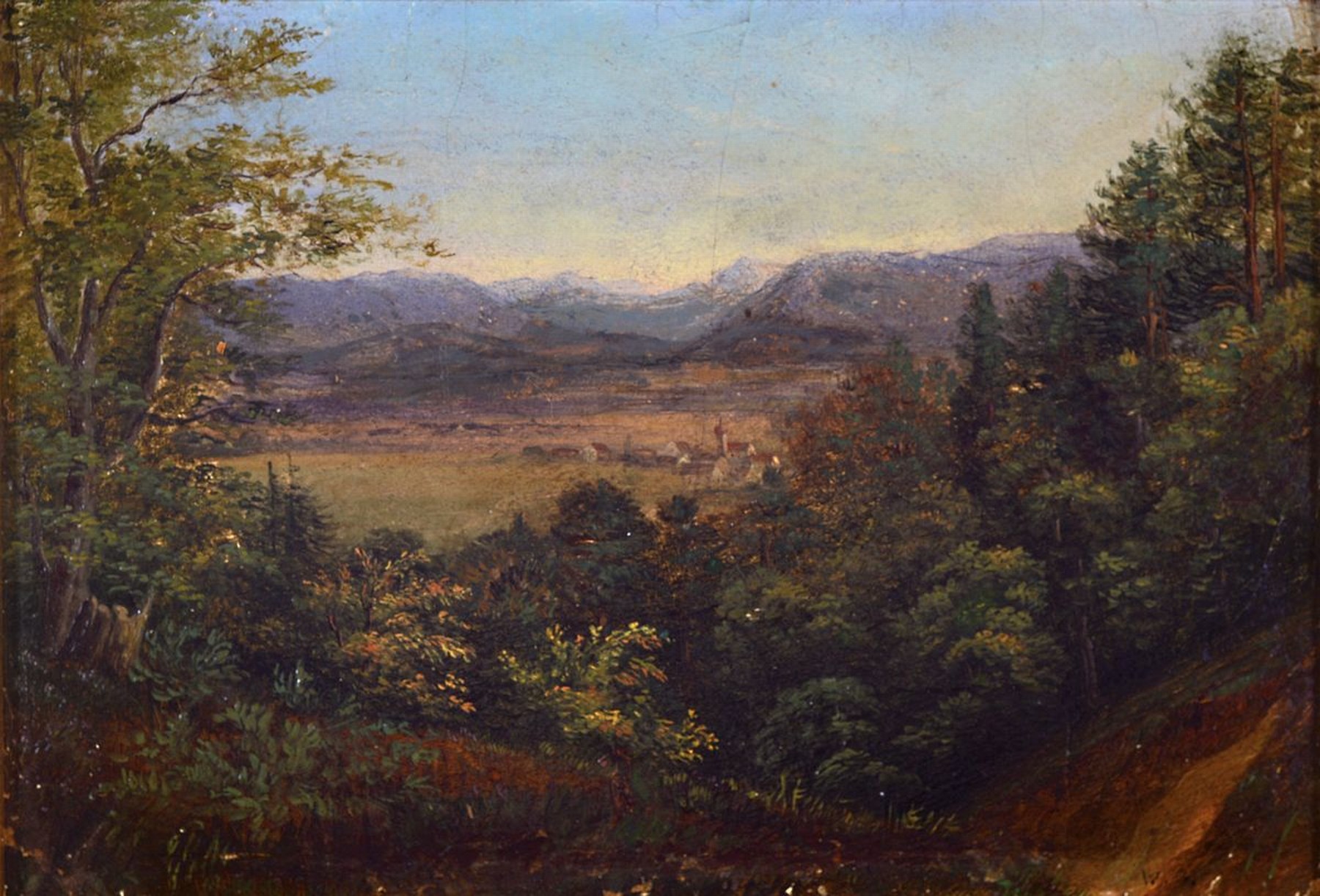 Unbekannter Maler, deutsch, 2. Hälfte 19. Jh., Blick von einer Anhöhe in weite Landschaft, im Hintergrund ein Gebirgszug, Öl/Malkarton, rechts ...