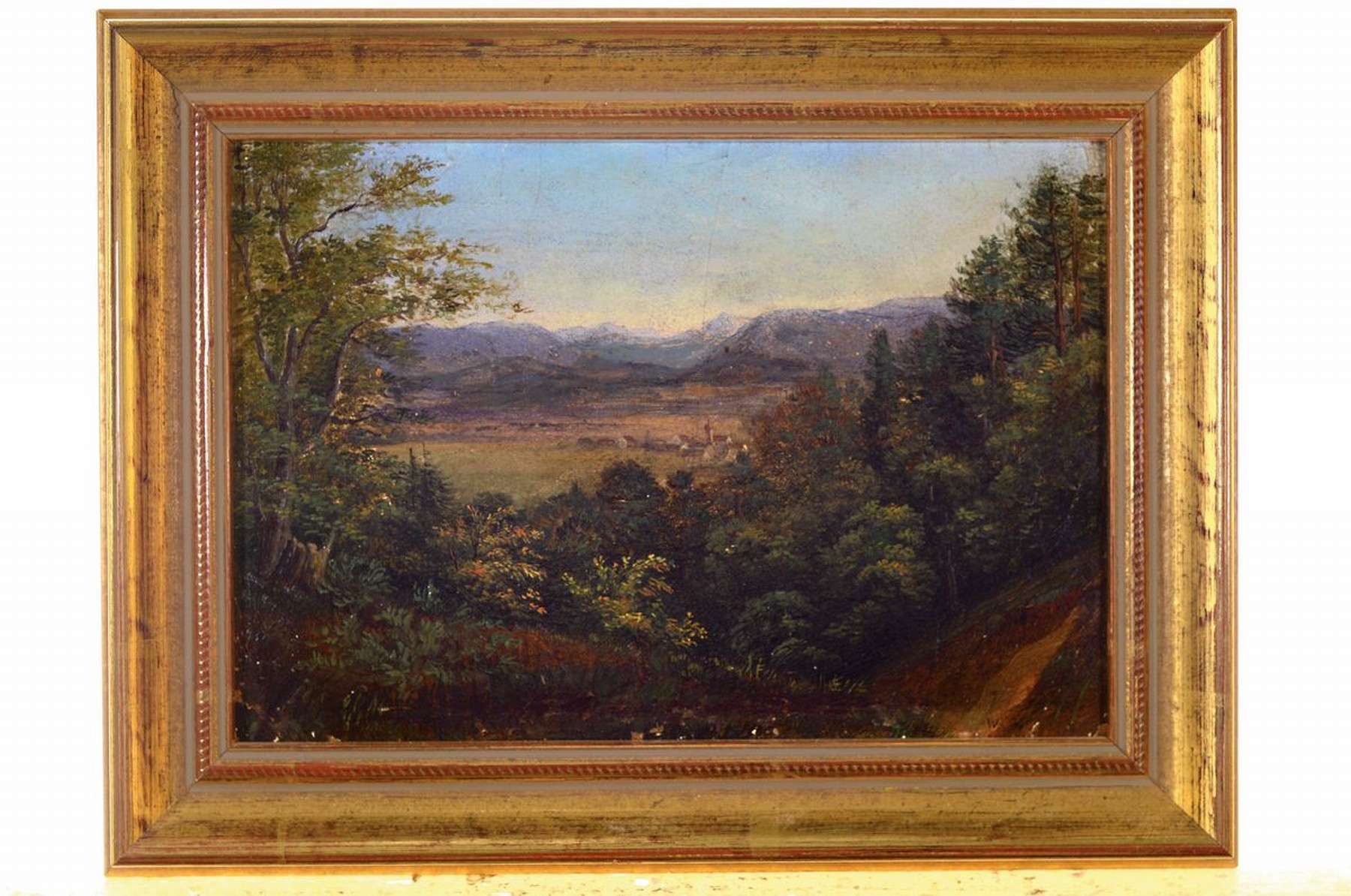 Detail k: Unbekannter Maler, deutsch, 2. Hälfte 19. Jh., Blick von einer Anhöhe in weite Landschaft, im Hintergrund ein Gebirgszug, Öl/Malkarton, rechts ...
