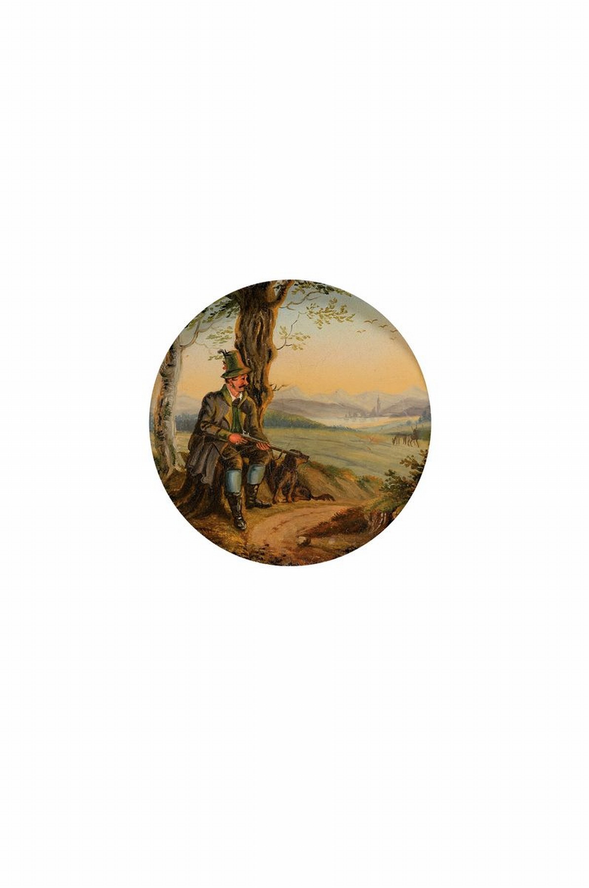 Miniaturmalerei, deutsch, um 1900, Jäger mit Hund und Gewehr schaut von einer Anhöhe in die weite Landschaft, Öl/Malkarton, rund, D. ca. 8cm, R. ...