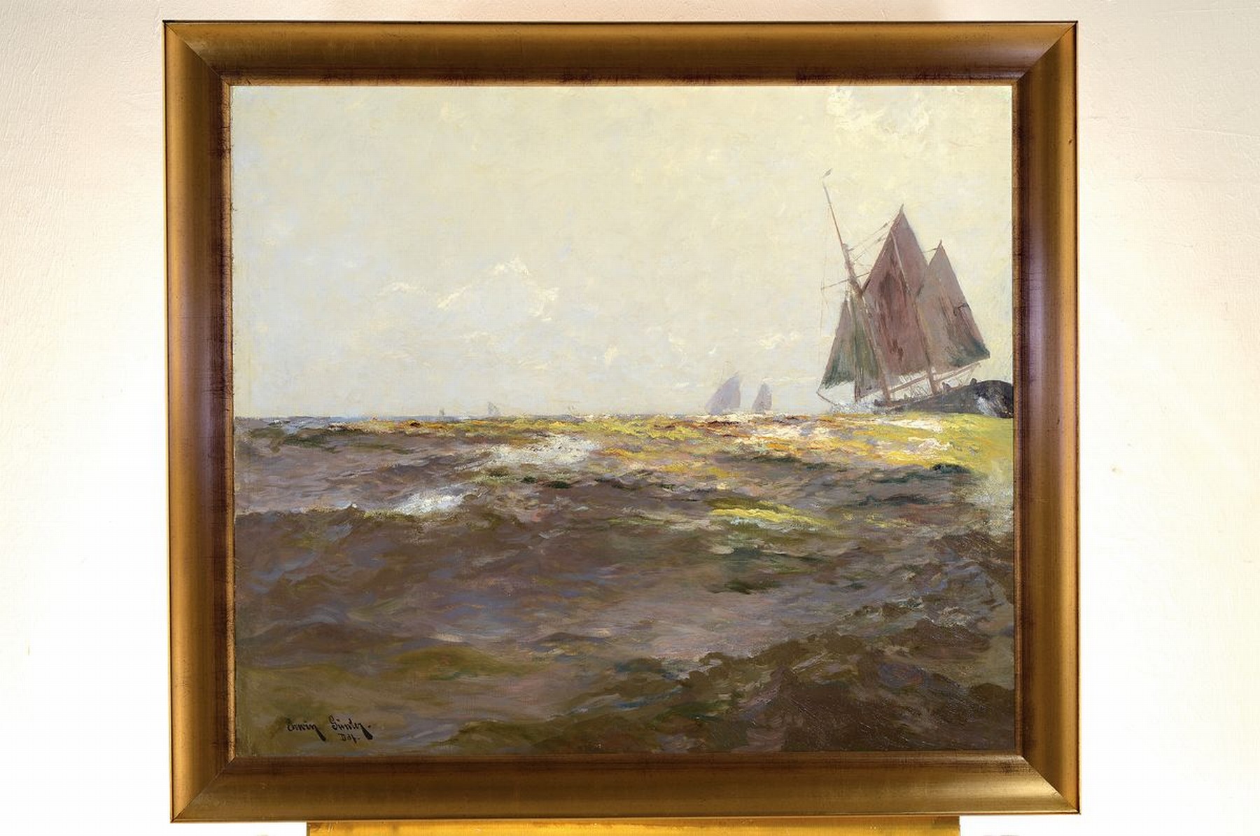 Detail k: Erwin Carl Wilhelm Günter, 1864 Hamburg-1927 Düsseldorf, Segelschiff auf ruhiger See, Öl/Lwd, rest., teildoubl., links unten signiert und bez. ...
