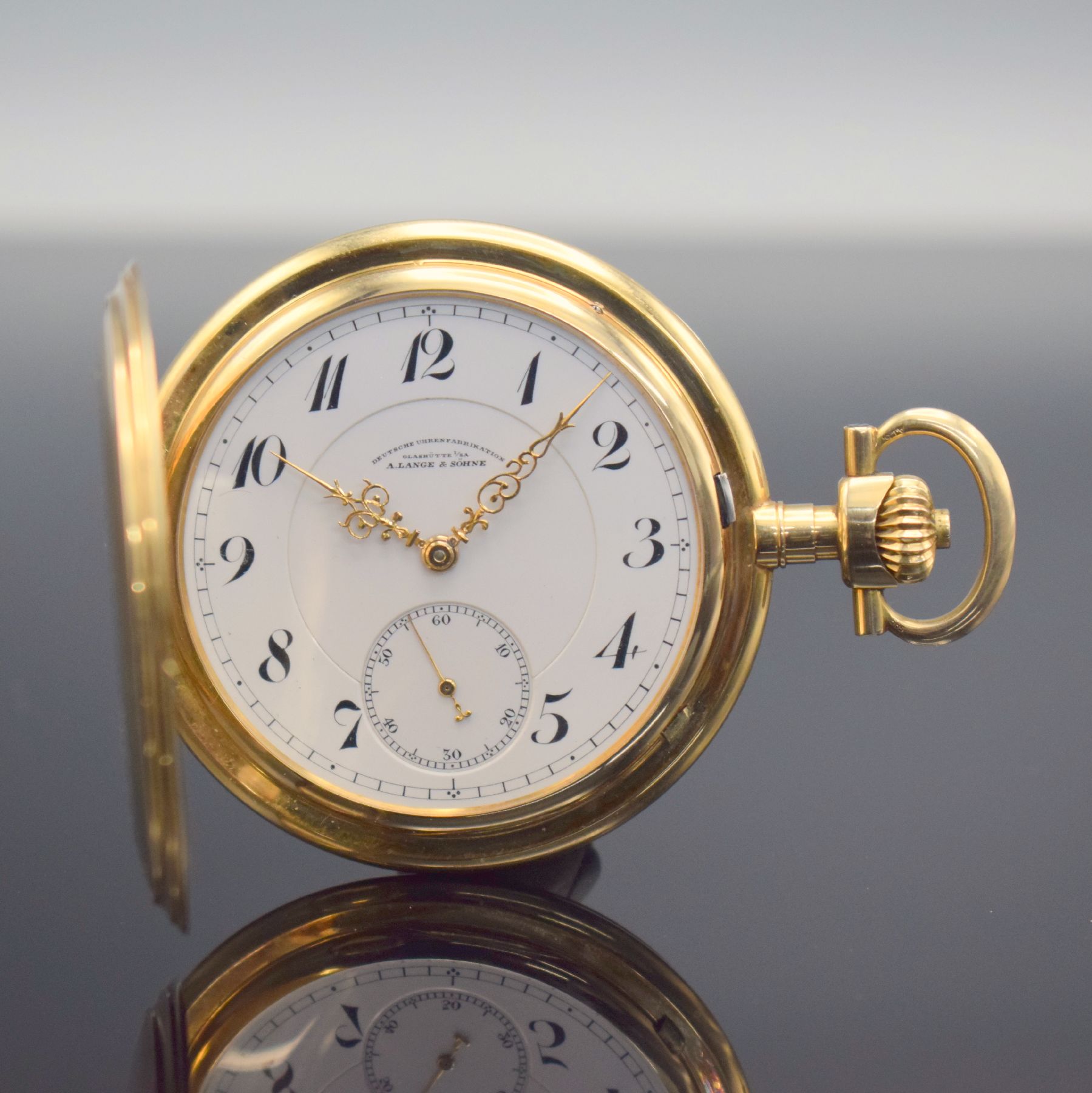 A.LANGE & SÖHNE Glashütte-SA Deutsche Uhrenfabrikation Savonette in GG 585/000, Deutschland um 1915, 3-Deckel Goldgeh., 3- teil. Emailzifferbl. m. ...