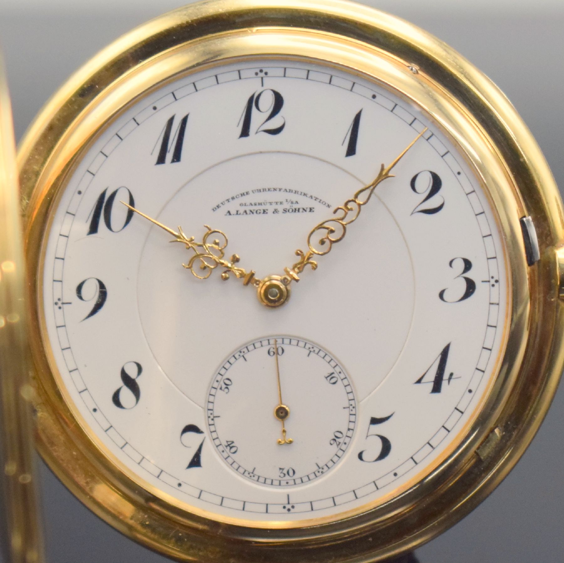Detail a: A.LANGE & SÖHNE Glashütte-SA Deutsche Uhrenfabrikation Savonette in GG 585/000, Deutschland um 1915, 3-Deckel Goldgeh., 3- teil. Emailzifferbl. m. ...