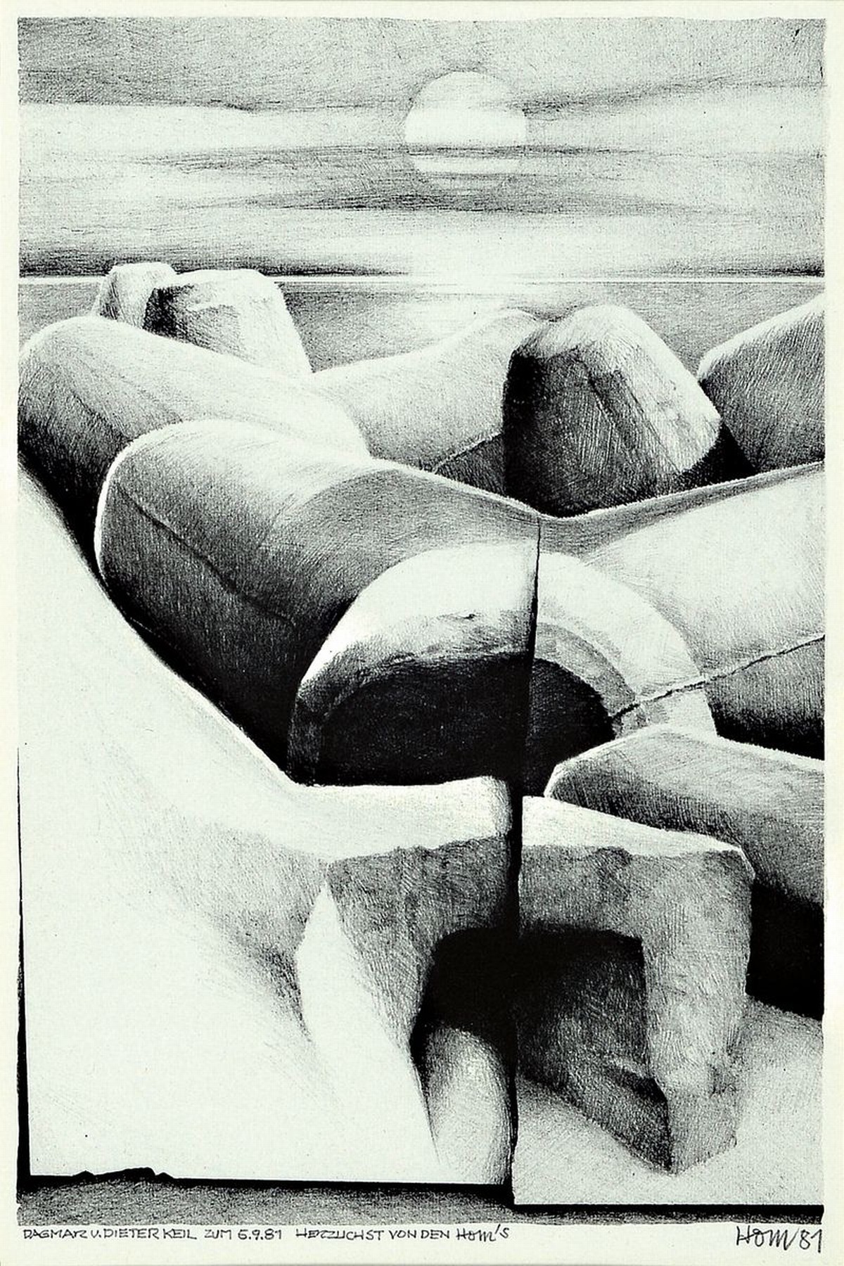 Detail n: Hans Otto Müller-Erbach, 1921 Bremen-1984 Erbach/Odenwald, 2 Farblithographien, surrealistische Landschaft, mit Widmung, sign. und dat. 81, ca. ...
