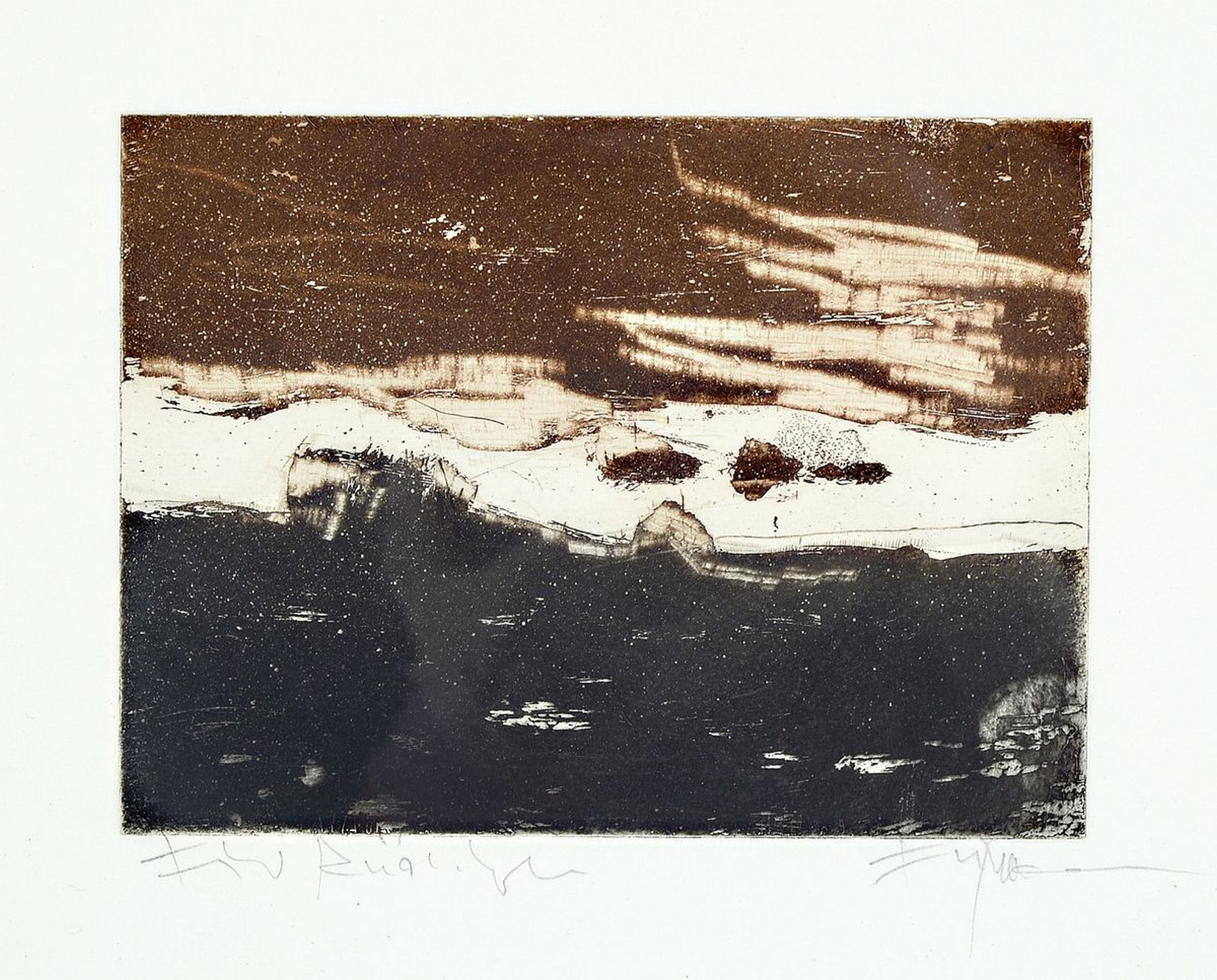 Klaus Fußmann, geb. 1938 Velbert, Landschaft, Kaltnadelradierung in schwarz und braun, signiert, bez.: Für Rüdiger, ca. 11.8x 16cm, Auflage 70 ...