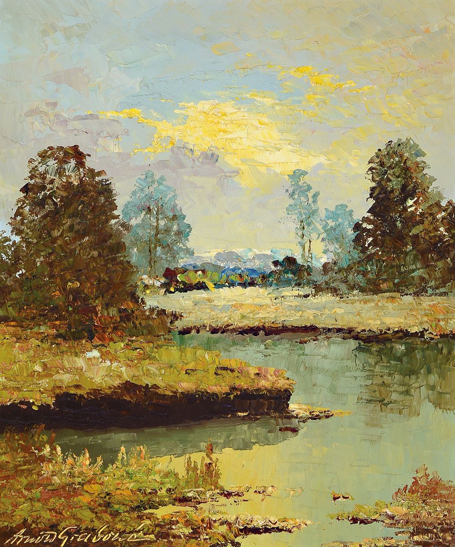 Arnold Graboné, 1896 München-1982 Starnberg, Föhnabend im Moos bei Murnau, so rückseitig betitelt, Öl/Lwd, links unten signiert, ca. 60x50cm, ...