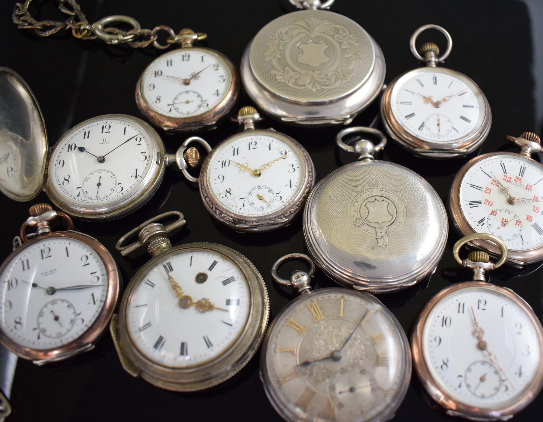 Detail j: Vaucher Geneve & 10 weitere Taschenuhren in Silber, ca. 1800 - 1920, Schlüssel- & Kronenaufzug, u. a. OMEGA, PEGASUS, UNION Ancre..., 3 Savonette, 8 ...