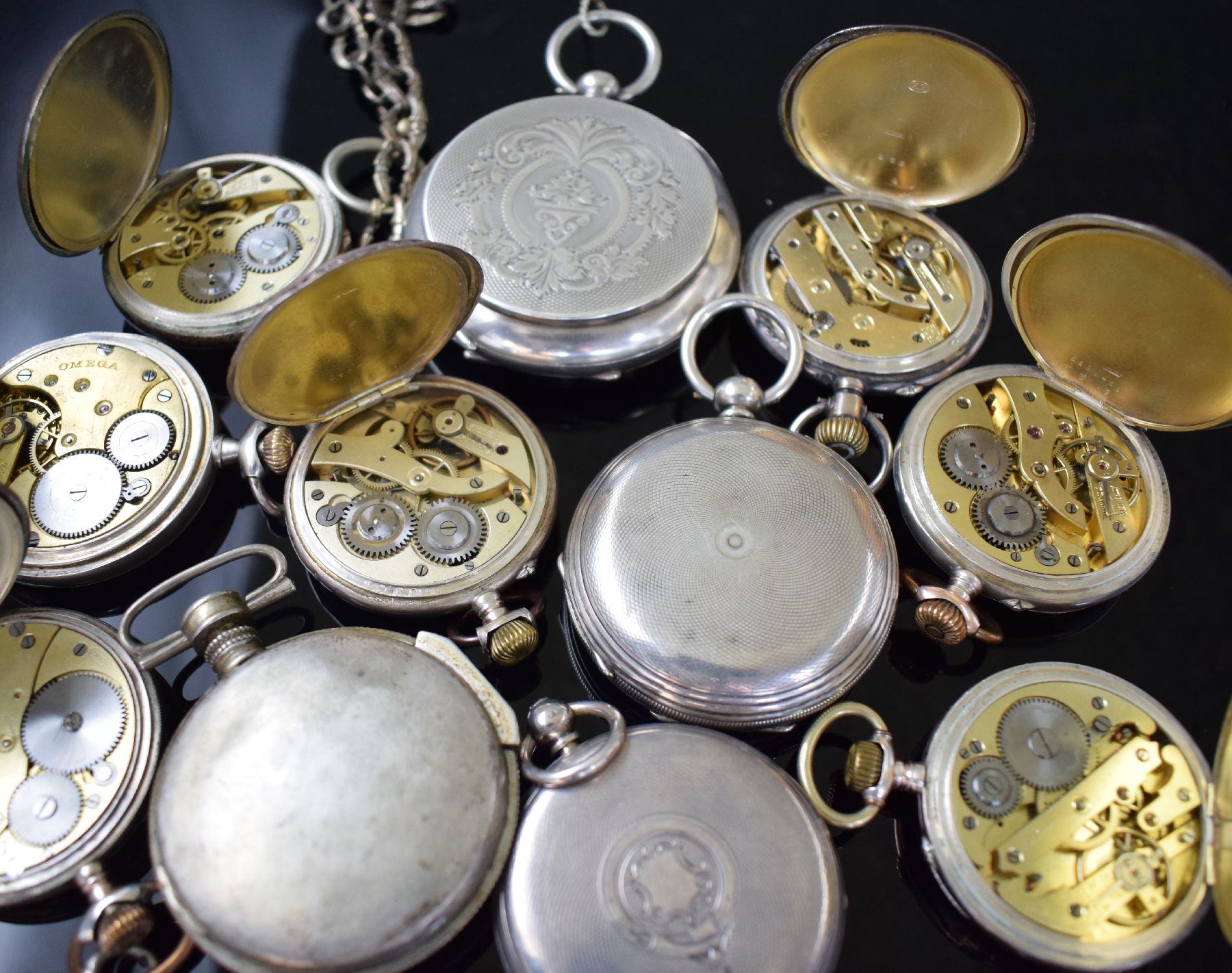 Detail k: Vaucher Geneve & 10 weitere Taschenuhren in Silber, ca. 1800 - 1920, Schlüssel- & Kronenaufzug, u. a. OMEGA, PEGASUS, UNION Ancre..., 3 Savonette, 8 ...
