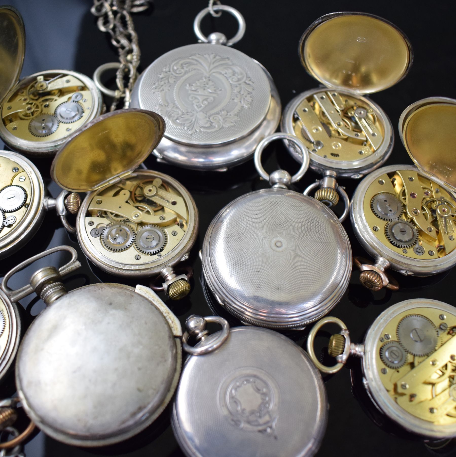 Detail l: Vaucher Geneve & 10 weitere Taschenuhren in Silber, ca. 1800 - 1920, Schlüssel- & Kronenaufzug, u. a. OMEGA, PEGASUS, UNION Ancre..., 3 Savonette, 8 ...