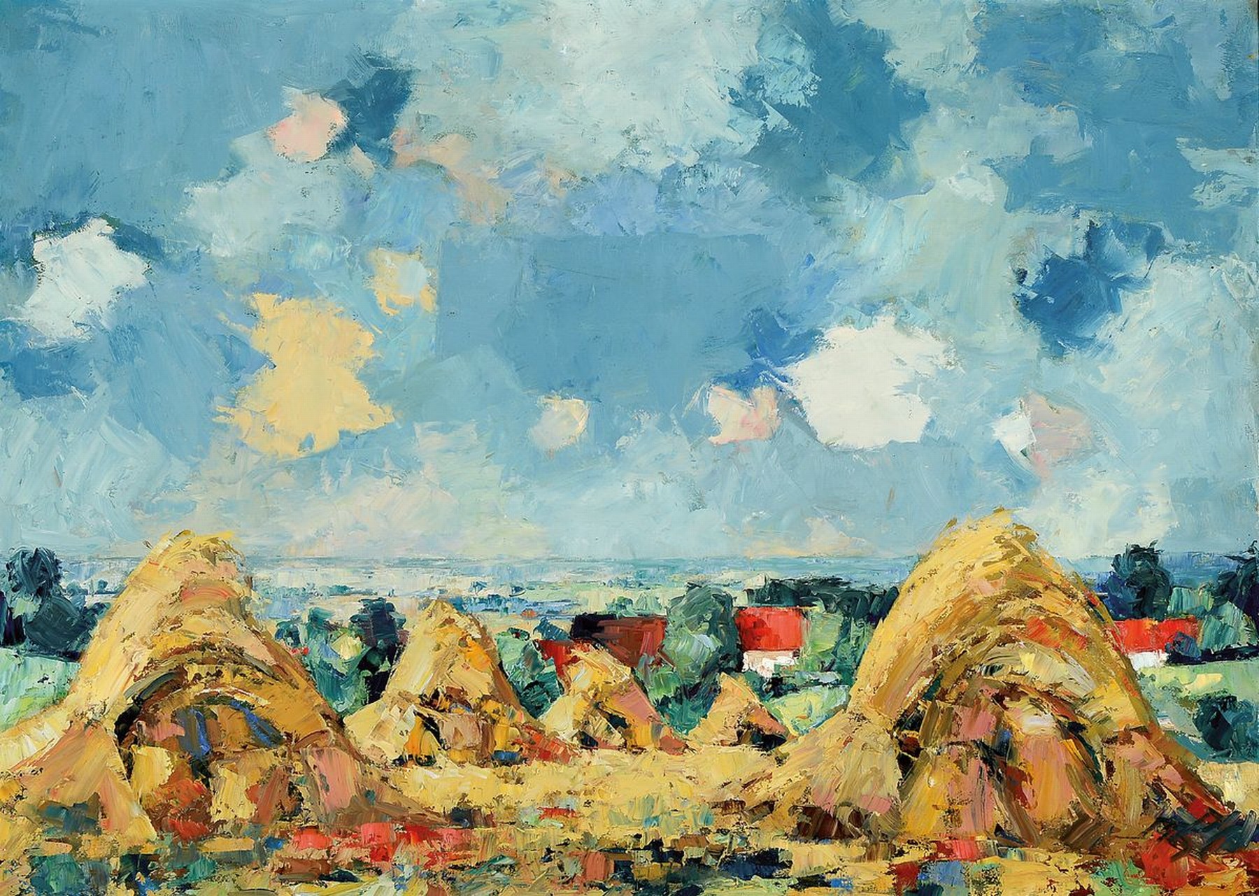 Eberhard Viegener, 1890 Soest-1967 Bilme, deutscher Expressionist, Sommerliches Land, weite Landschaft mit Getreidegarben und vereinzelten Wolken, ...