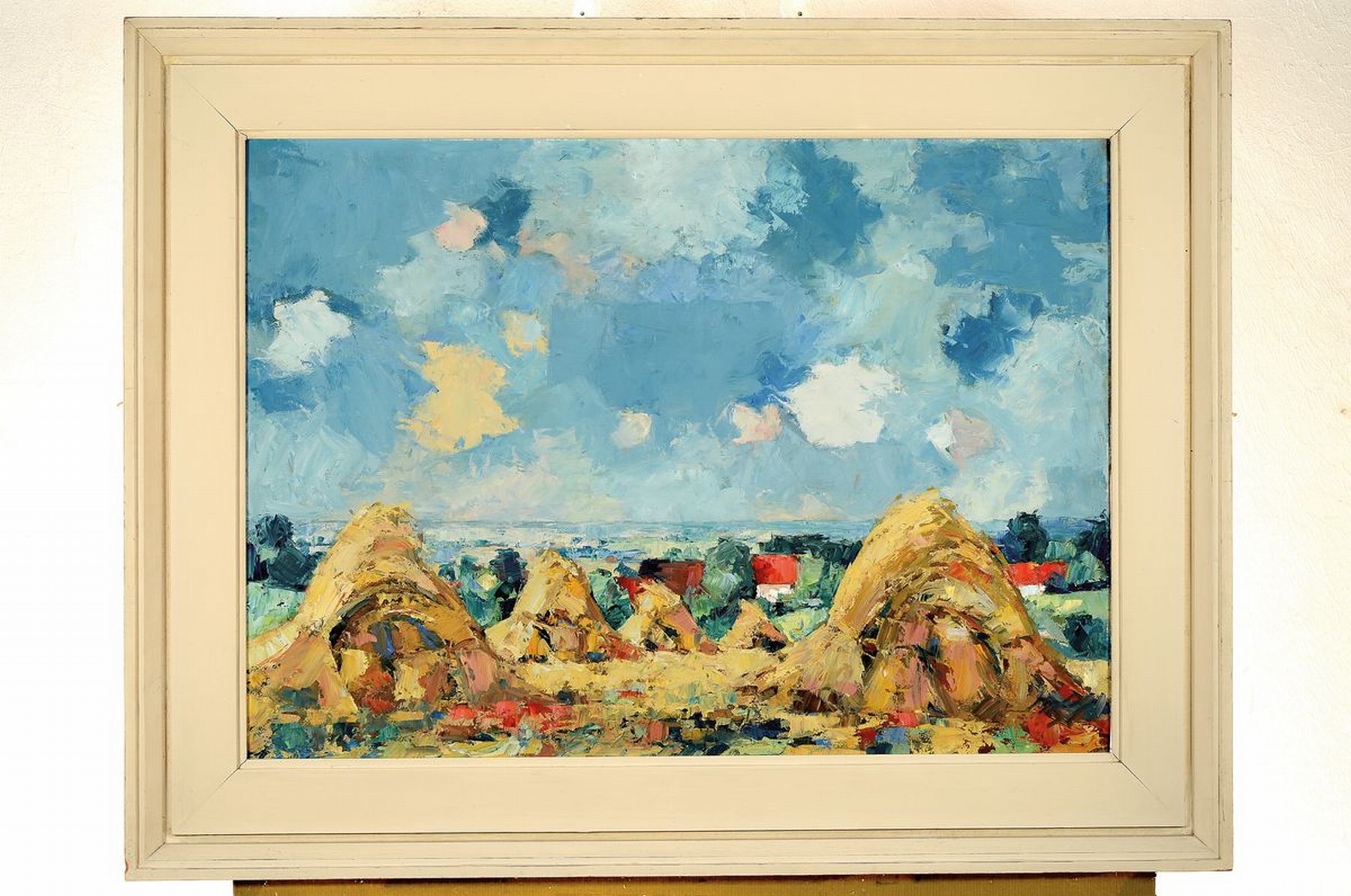 Detail k: Eberhard Viegener, 1890 Soest-1967 Bilme, deutscher Expressionist, Sommerliches Land, weite Landschaft mit Getreidegarben und vereinzelten Wolken, ...