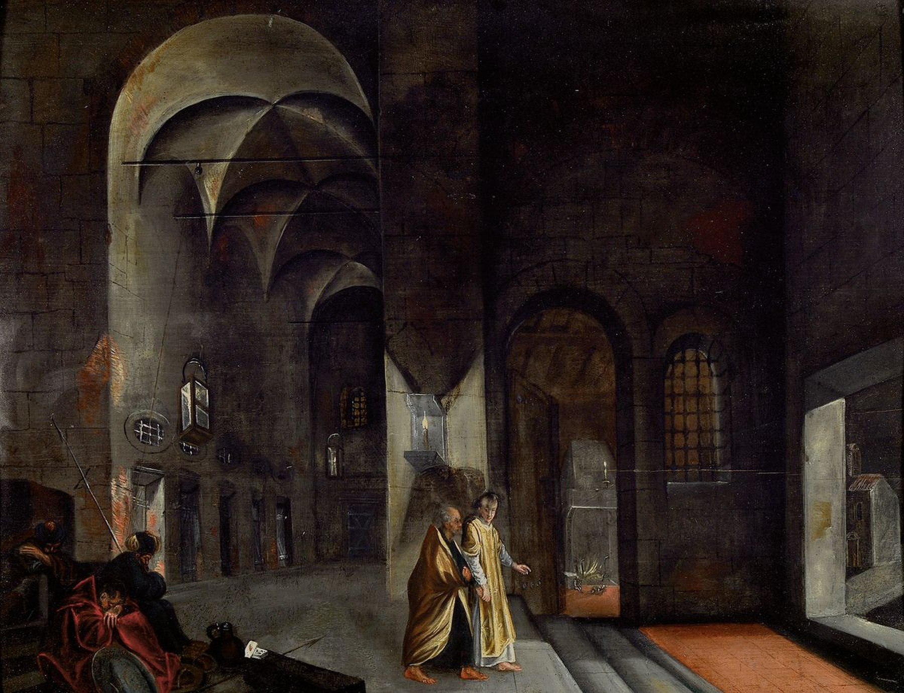 Maler in der Nachfolge des Paul Juvenel (1579 -1643 Nürnberg), deutsch, um 1680-1720, Befreiung Petri aus dem Kerker, Öl/Holz, alte Restaurierung, ...