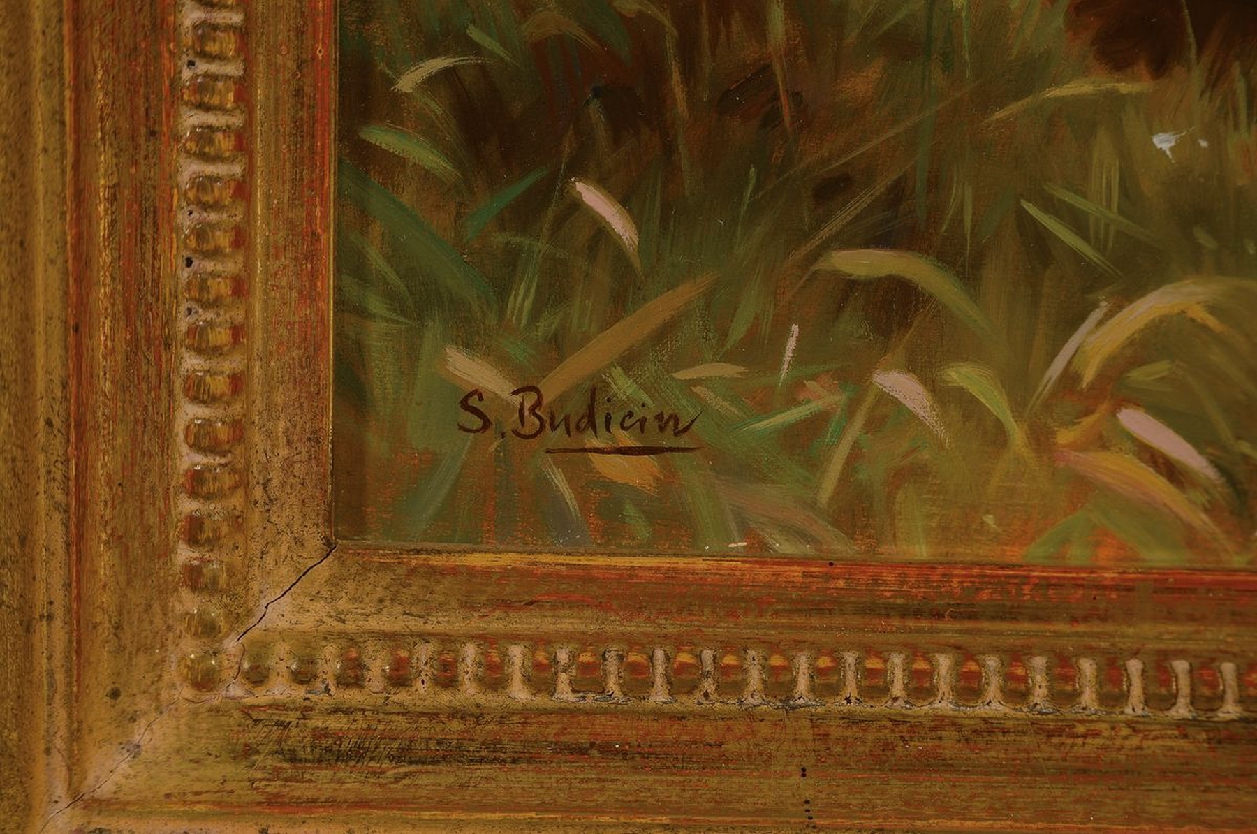 Detail a: Sergio Budicin, geb. 1939, Enten am Ufer, Öl/Malkarton, links unten signiert, ca. 20x30cm, R. ca. 31x41cm