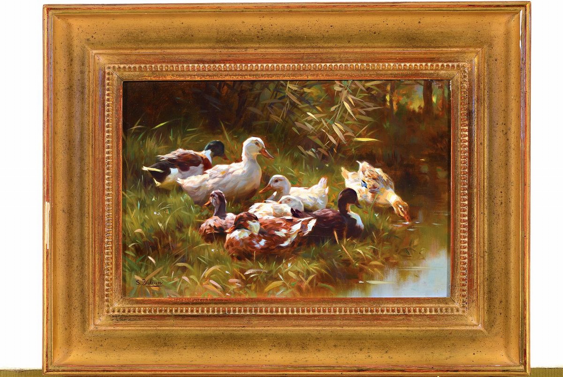 Detail k: Sergio Budicin, geb. 1939, Enten am Ufer, Öl/Malkarton, links unten signiert, ca. 20x30cm, R. ca. 31x41cm