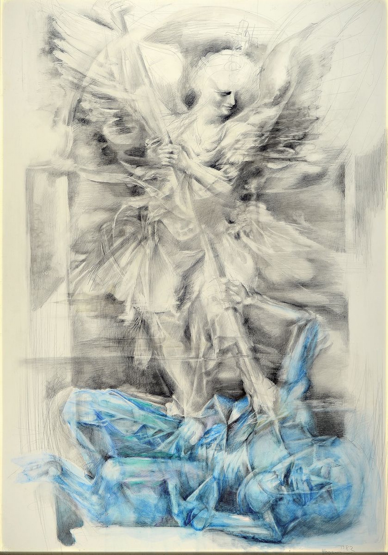 Hermann Hoormann, geb. 1933 Meppen, ErzengelMichael (1982), surrealistische Darstellungsweise in lineaerer Auffassung, rechts unten signiert u. ...