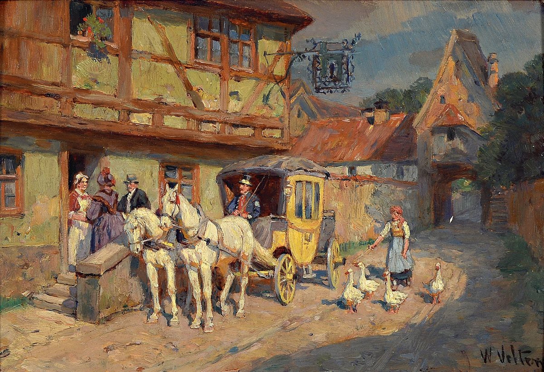 Wilhelm Velten, 1847 St. Petersburg-1929 München, Postkutsche vor dem Gasthof, Öl/Holz, rechts unten signiert, ca. 15.5x 23.5cm, R. ca. 28x35cm