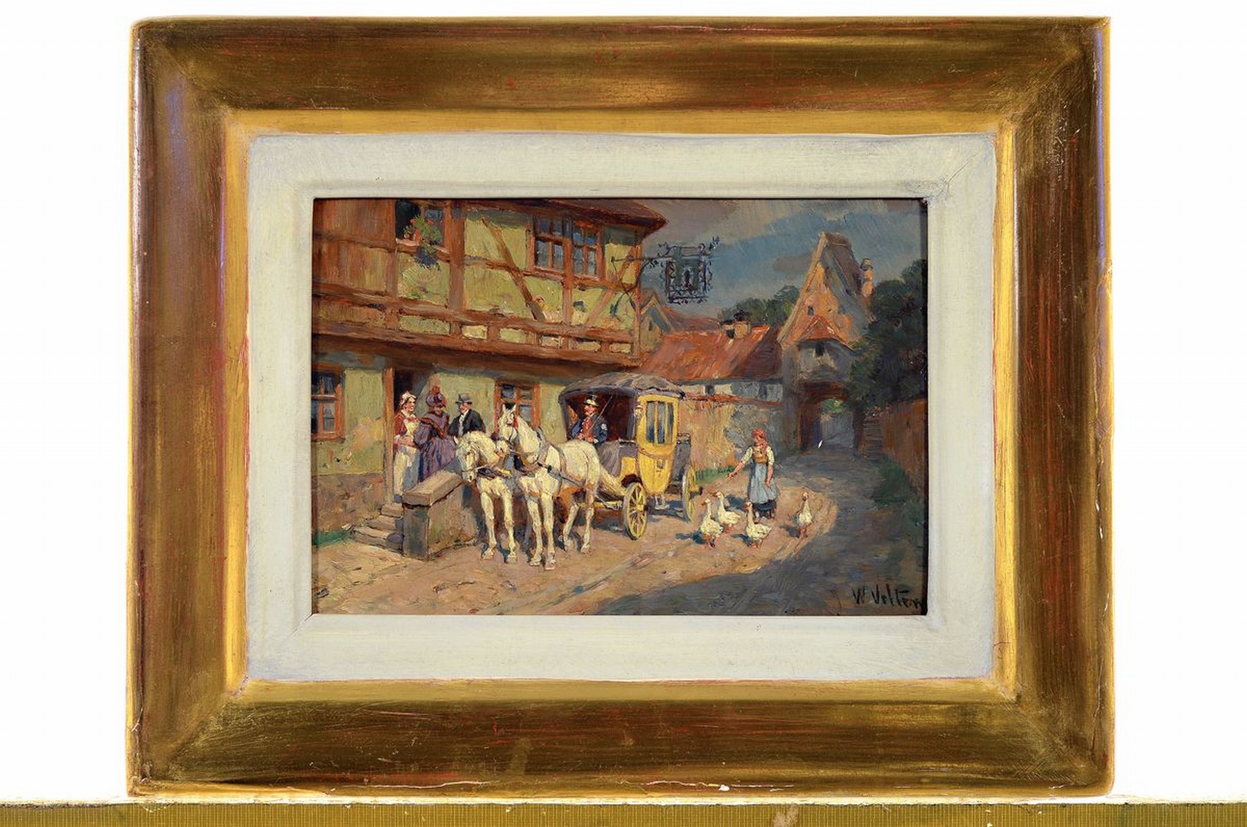 Detail k: Wilhelm Velten, 1847 St. Petersburg-1929 München, Postkutsche vor dem Gasthof, Öl/Holz, rechts unten signiert, ca. 15.5x 23.5cm, R. ca. 28x35cm