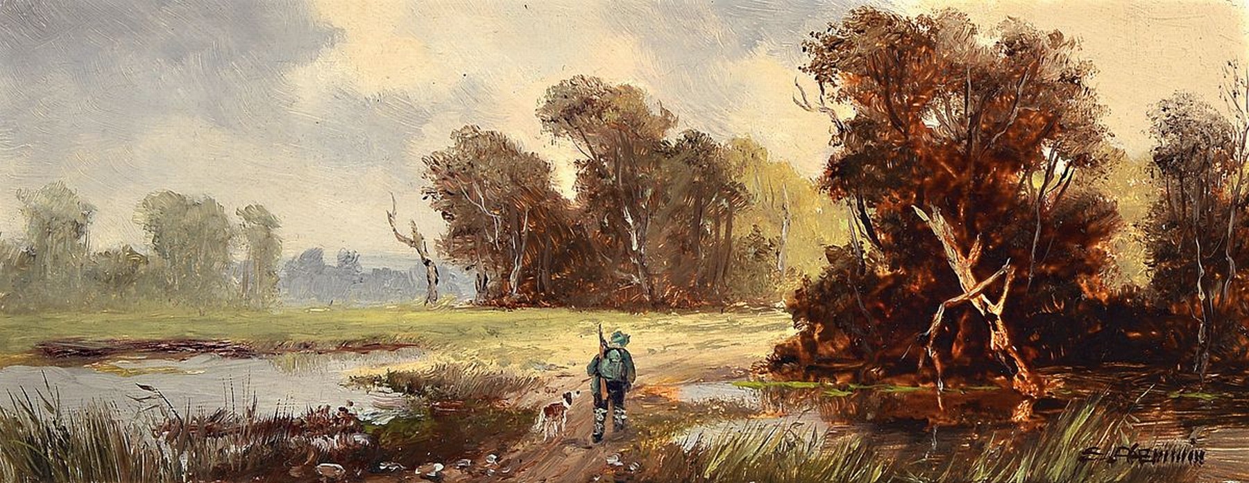 Erich Demmin, 1911 Ivenack-1997 Berlin, Moorlandschaft mit Jäger und Hund, Öl/Holz, rechts unten signiert, ca. 8.5x21.5cm, R. ca. 23x36cm