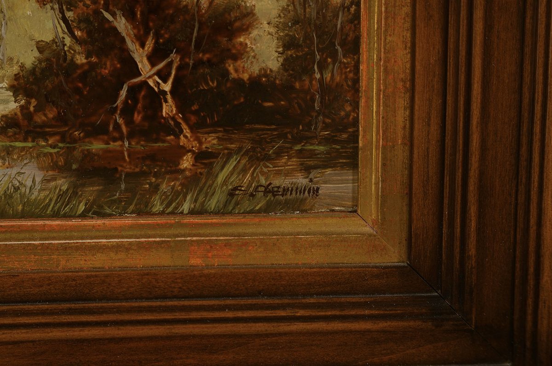 Detail a: Erich Demmin, 1911 Ivenack-1997 Berlin, Moorlandschaft mit Jäger und Hund, Öl/Holz, rechts unten signiert, ca. 8.5x21.5cm, R. ca. 23x36cm